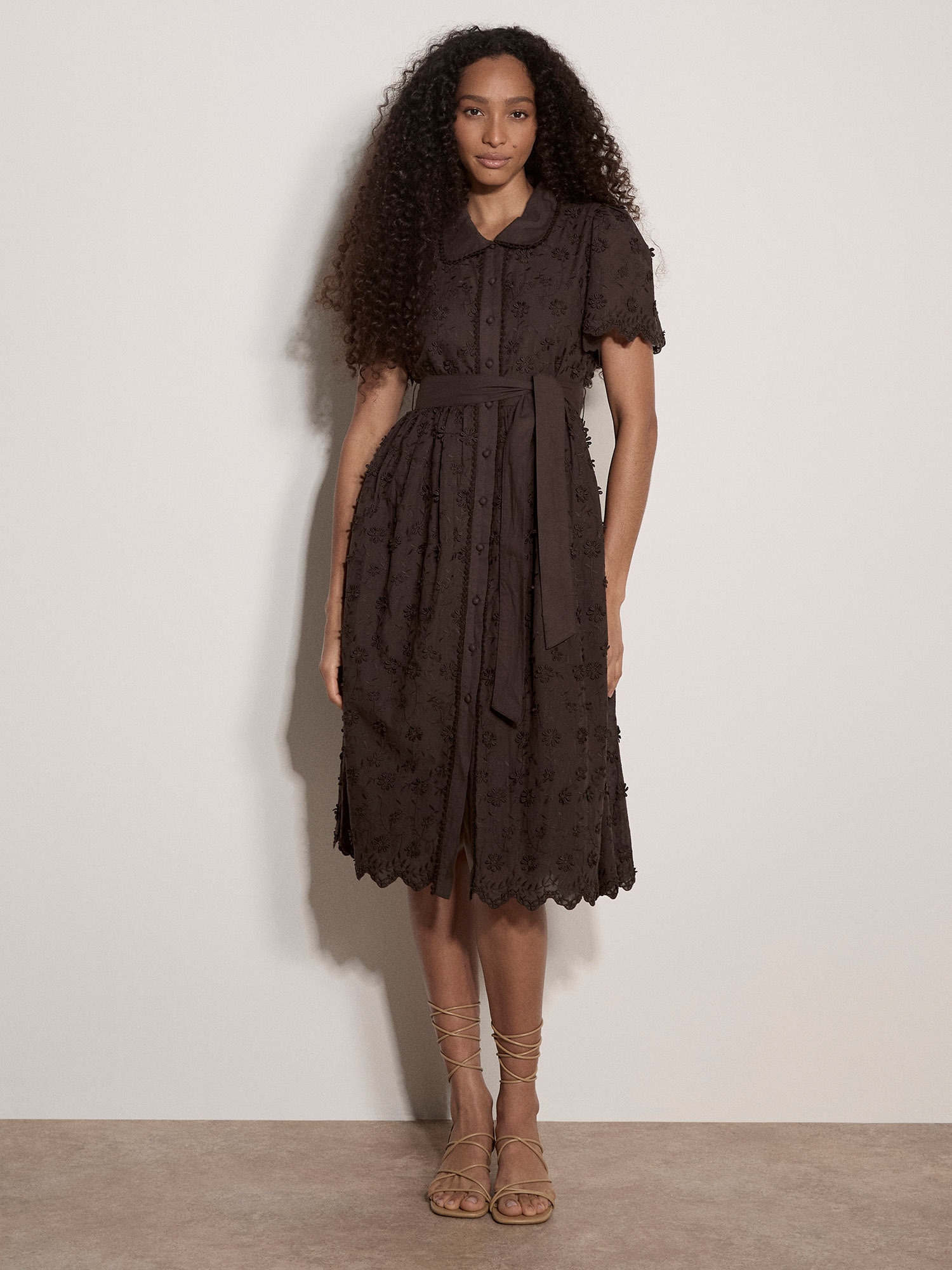Apricot Midikleid »Baumwollkleid« Stoffgürtel,  mit Blumenstickerei