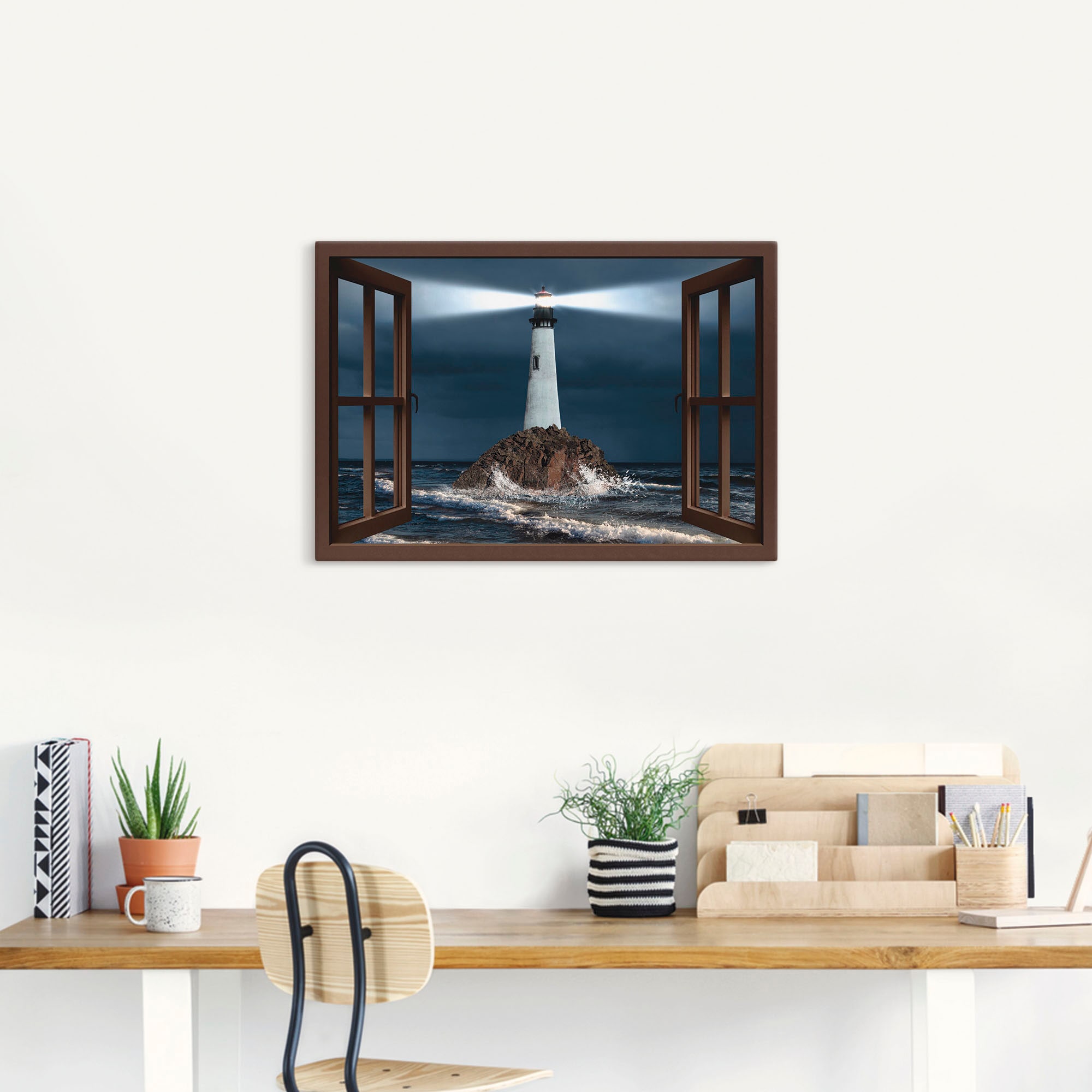Artland Leinwandbild »Fensterblick Leuchtturm mit Lichtstrahl« Gebäude 1 Stk. tlg. auf Holzrahmen gespannt