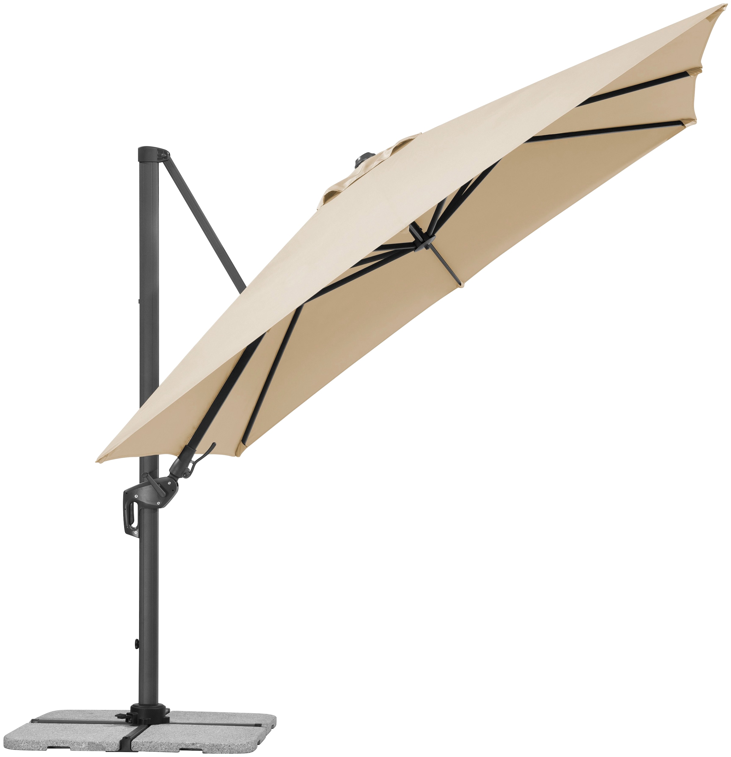 Schneider Schirme Ampelschirm »Rhodos Twist«, (Inkl. Plattenständer (o. Platten) & Schutzhülle), natur, quadratisch, ohne Wegeplatten