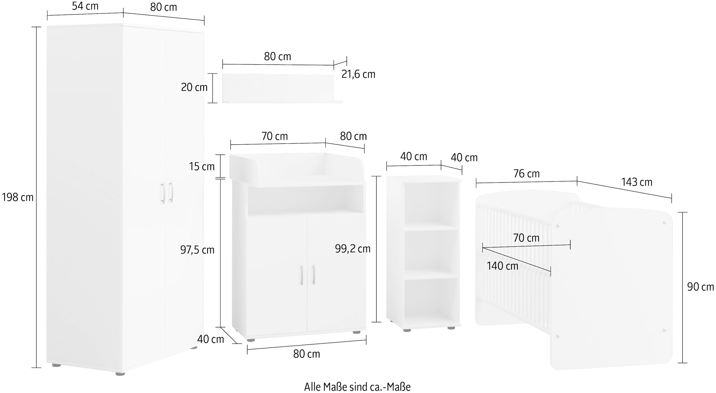 bestellen x Wandboard bei LF 2-türiger Kommode, aus: Lüttenhütt Wickelaufsatz, 70 cm, Schrank OTTO und 140 bestehend Babymöbel-Set, 6-teilig, Babybett