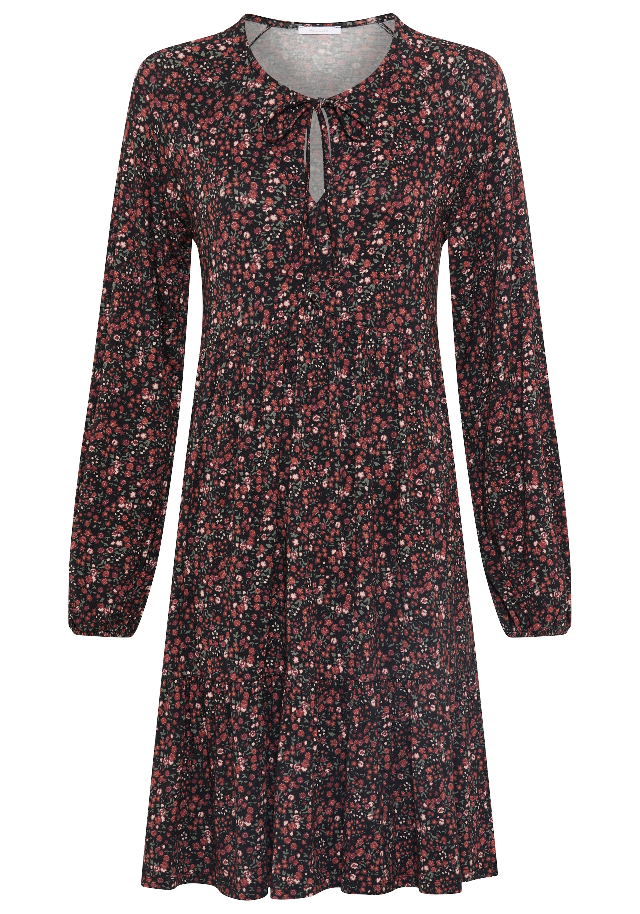Tamaris Jerseykleid »mit figurbetonter Passform, Mini-Länge, geblümte Optik« mit modernen Schleifen-Details