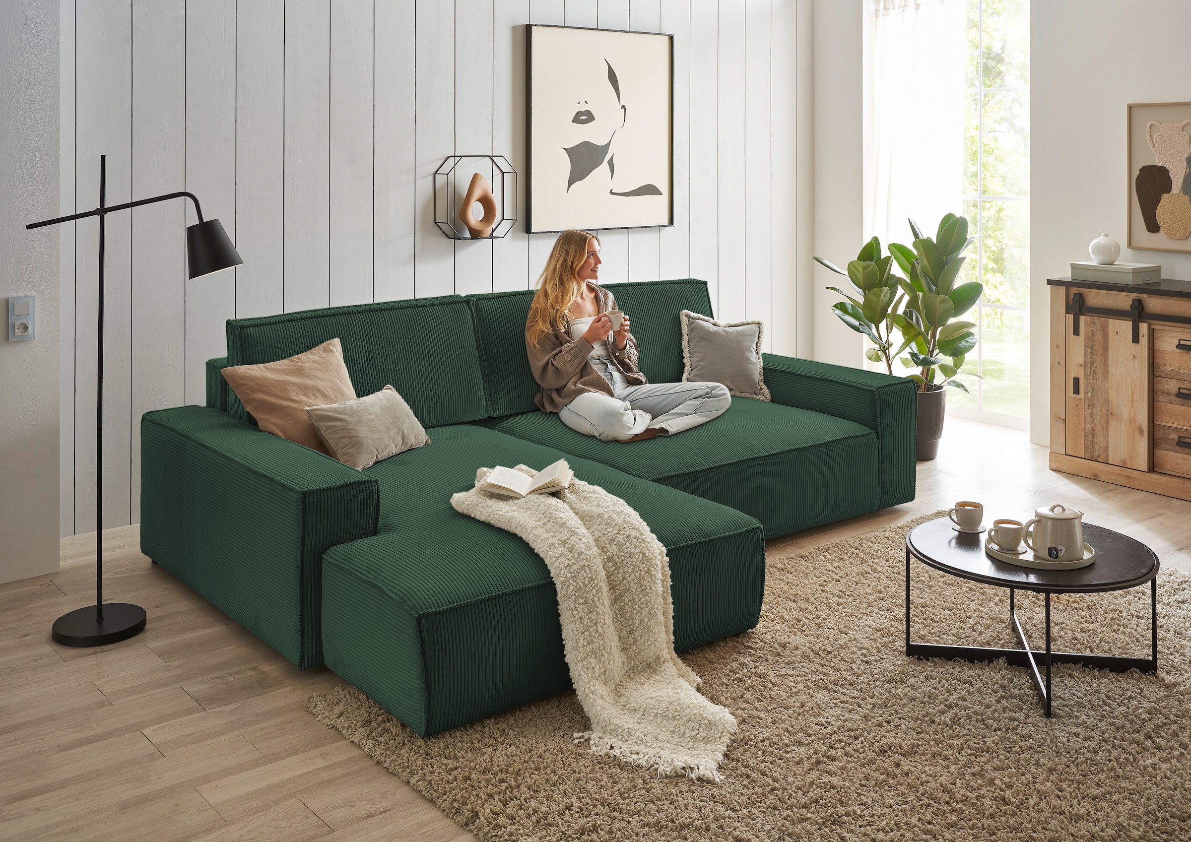 Home affaire Ecksofa »NEU: SHERWOOD XXL 284, Big-Sofa L-Form, tiefe Sitzfläche 95 cm, Cord«, Recamiere rechts/links, als Schlafsofa stellbar, Cord u. Leinenoptik