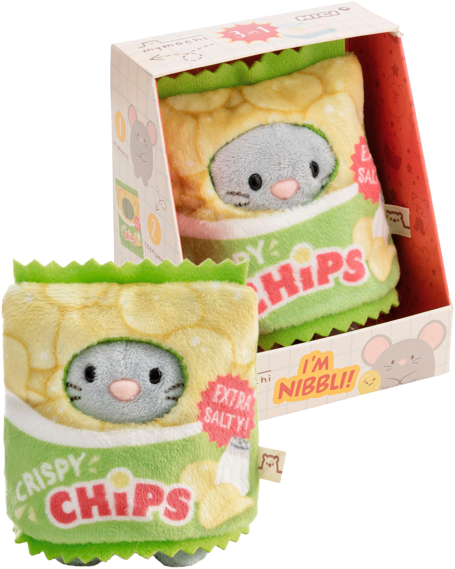 Nici Kuscheltier »mymochi, Set Maus Nibbli 8cm mit Chip & Chipstüte Kostüm« in Geschenkbox
