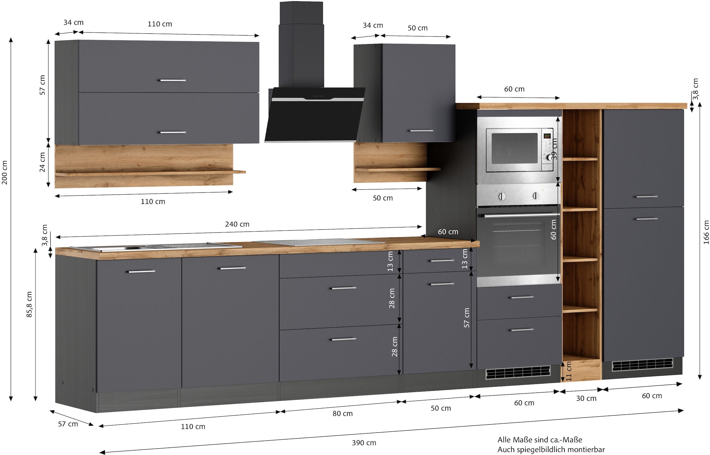 KOCHSTATION Küchenzeile »KS-Milan« 390 cm breit, viel Stauraum, wahlweise mit E-Geräten
