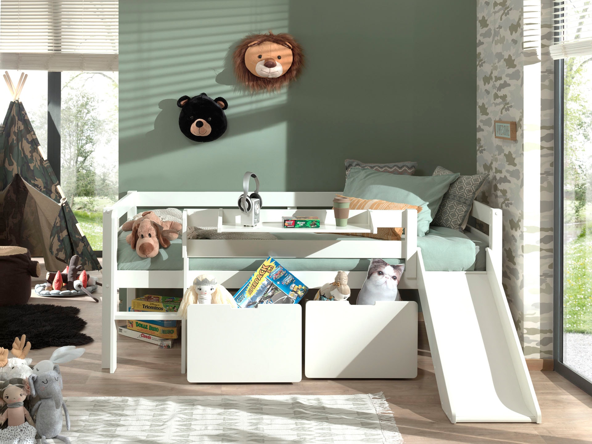 Vipack Spielbett »Pino, Kiefer massiv, mit Rolllattenrost, 2 Rollboxen, Made in Europe« B/H/T ca. 207,6x83x175cm, inkl. Leiter, Absturzschutz und Rutsche,  wahlweise mit oder ohne Hängeregal, 2 Farben zur Auswahl