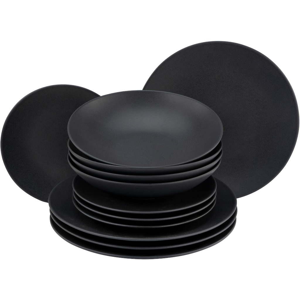 CreaTable Tafelservice »Soft Touch Black«, (Set, 12 tlg., Teller Set für 4 Personen), Service, schwarz, seidenmatte Glasur, Made in Europe