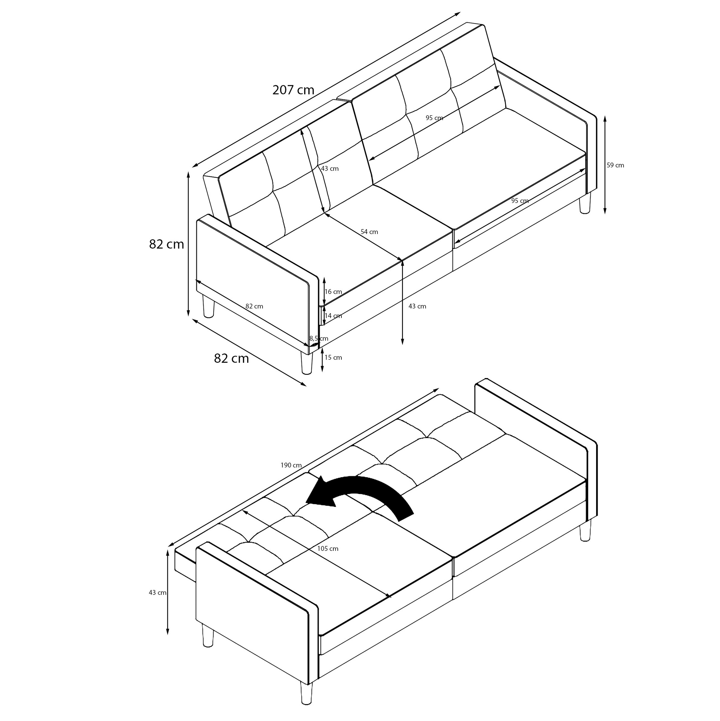 Dorel Home 3-Sitzer »Lilly«, Bett-Funktion, Rückenlehne 3-fach verstellbar, Sitzhöhe 43 cm