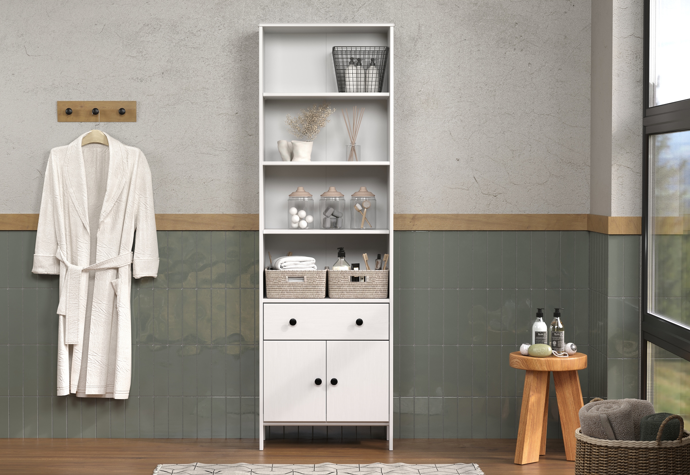 welltime Hochschrank »Kall«, (1 St.), Badezimmerschrank aus Kiefer-Massivholz - Maße (B/T/H) 60/33/188 cm