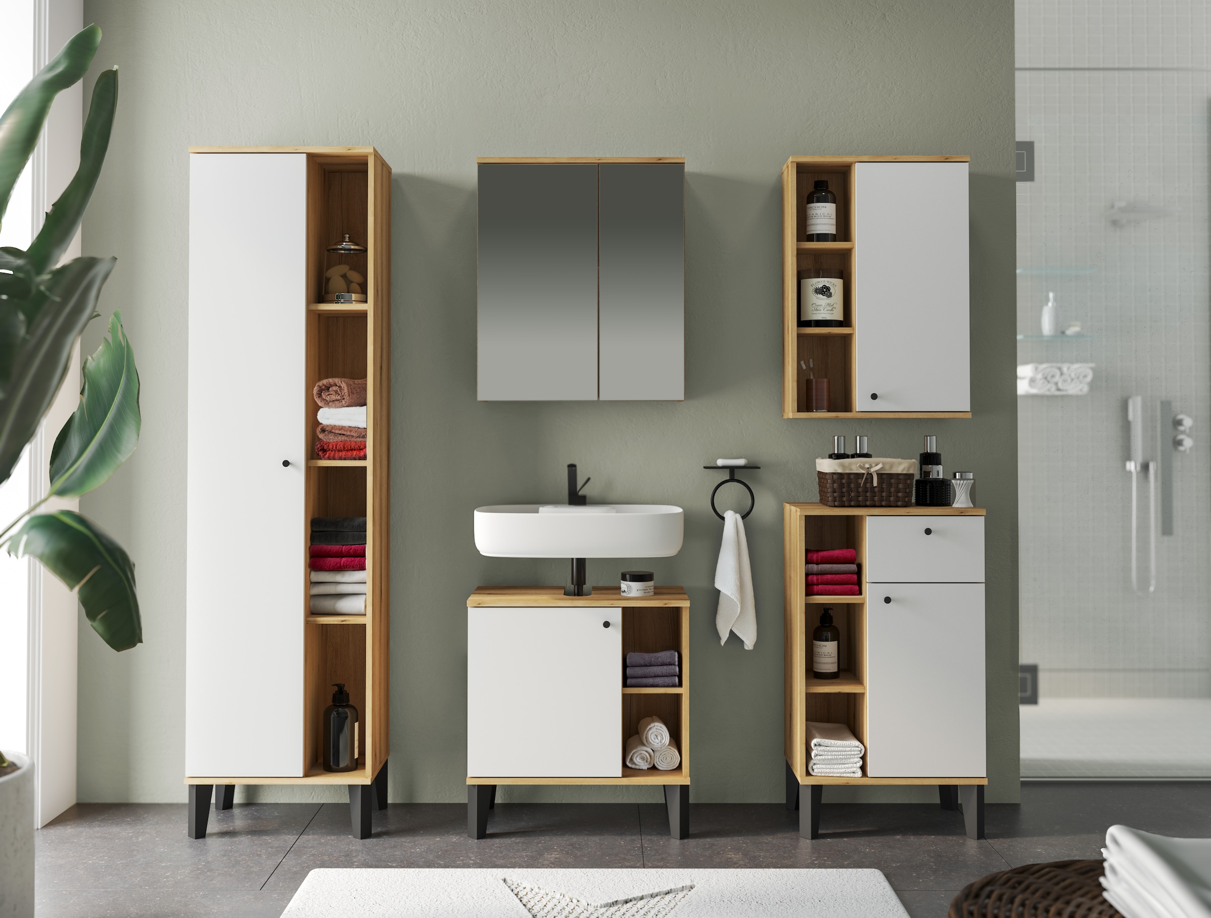 INOSIGN Badmöbel-Set »OSLO, Bad im skandinavischen Design, 5-teiliges Badezimmer«, (Set, 5 St.), Badschränke und Spiegel, in zwei Farben verfügbar, viel Stauraum