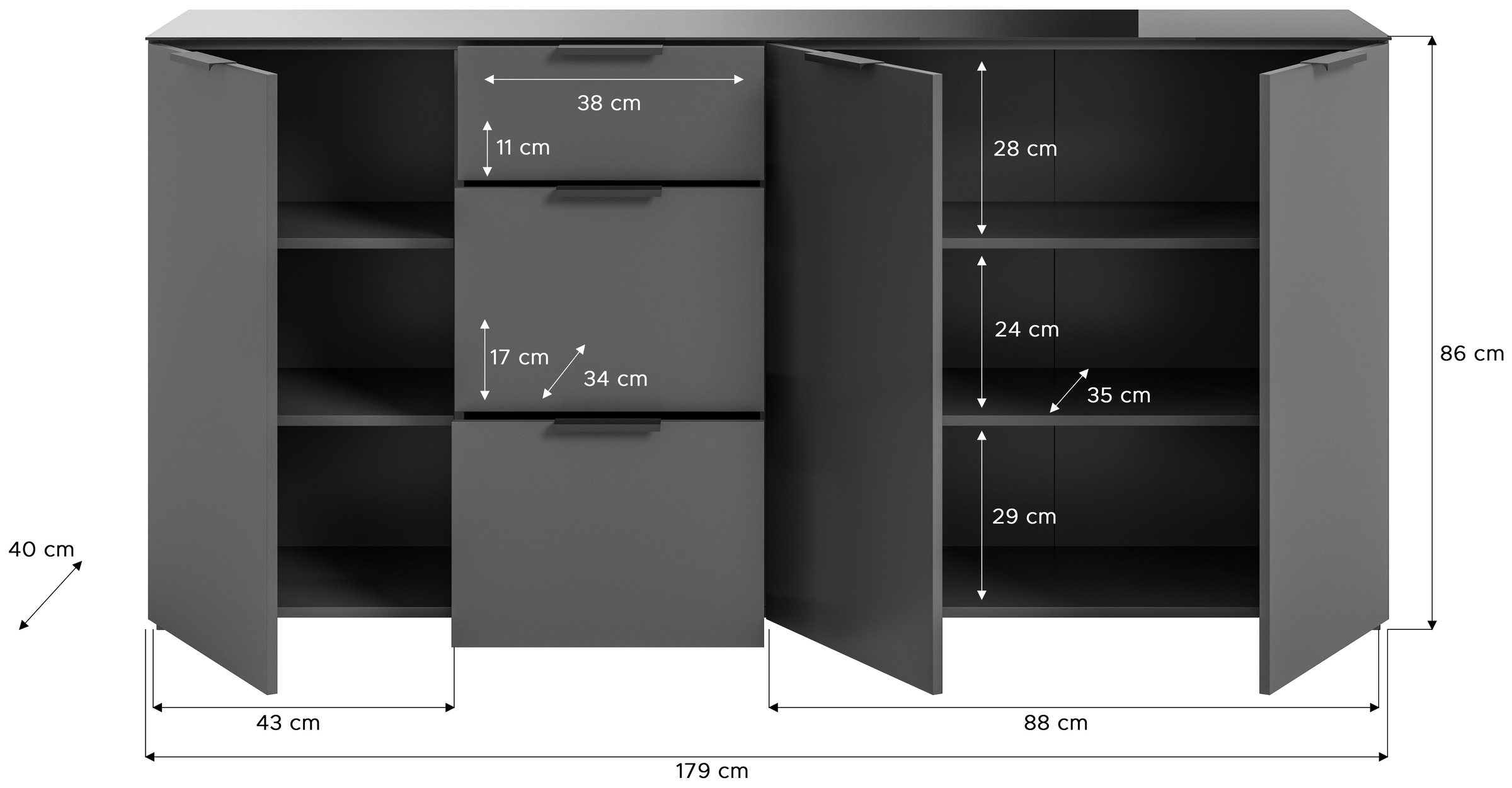 INOSIGN Sideboard »Raio, Breite 179 cm, 3 Türen, 3 Schubkästen, Oberboden mit Glasplatte«, Anrichte, Kommode, Schrank