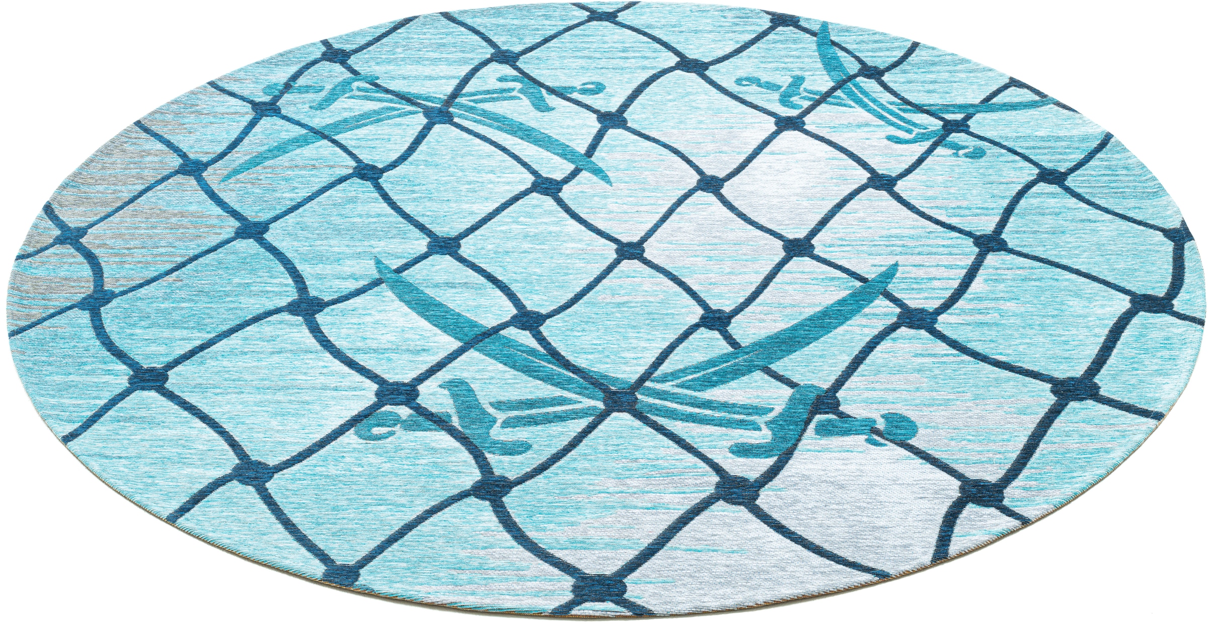 Sansibar Teppich »Keitum 005« rund 3 mm Höhe Flachgewebe, modernes Design, Motiv Fischernetz & gekreuzte Säbel