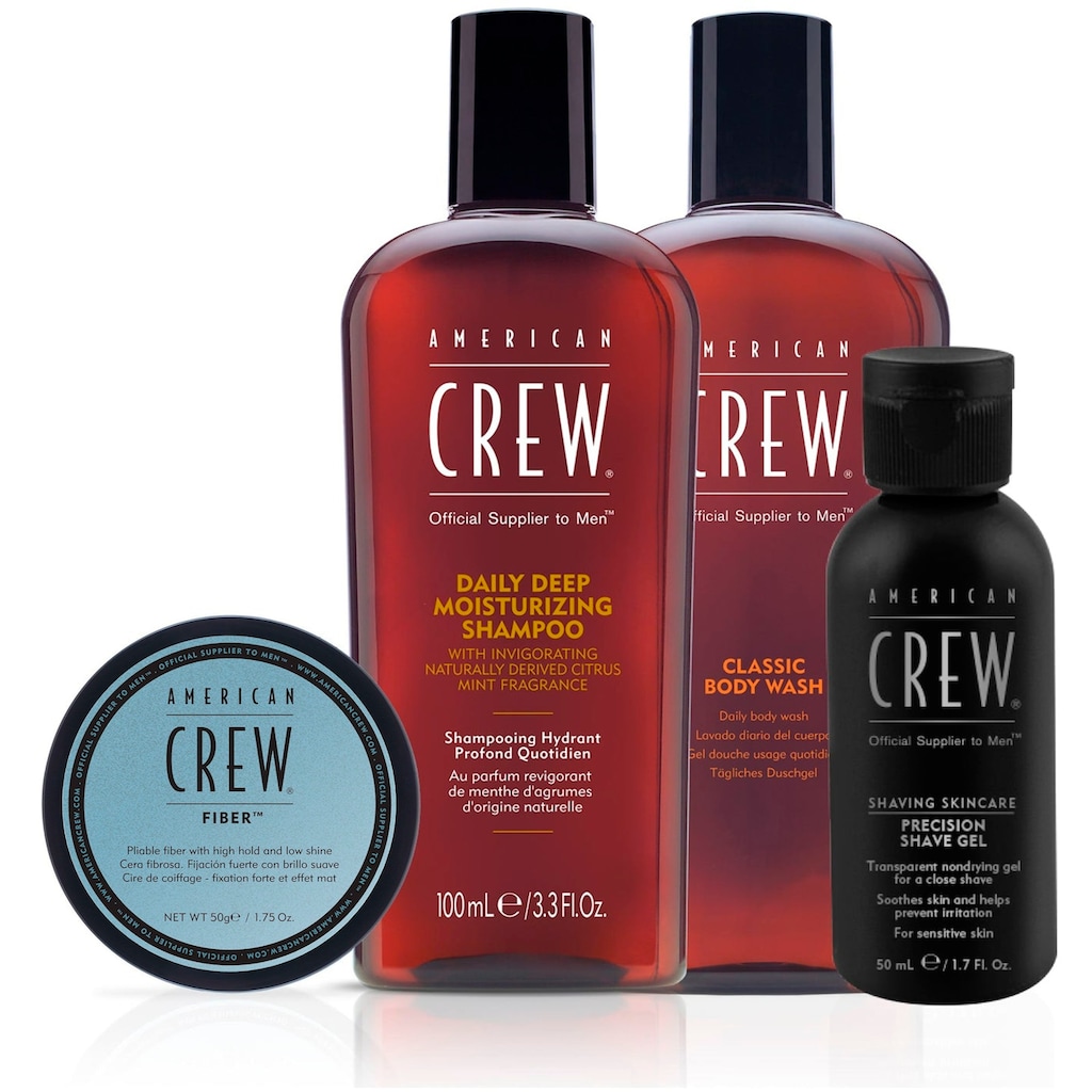 American Crew Haarpflege-Set »Travel Kit - Classic Fiber 50 gr + Moisturizing Shampoo 100 ml«, (4 tlg.), + Body Wash 100 ml + Precision Shave Gel 50 ml