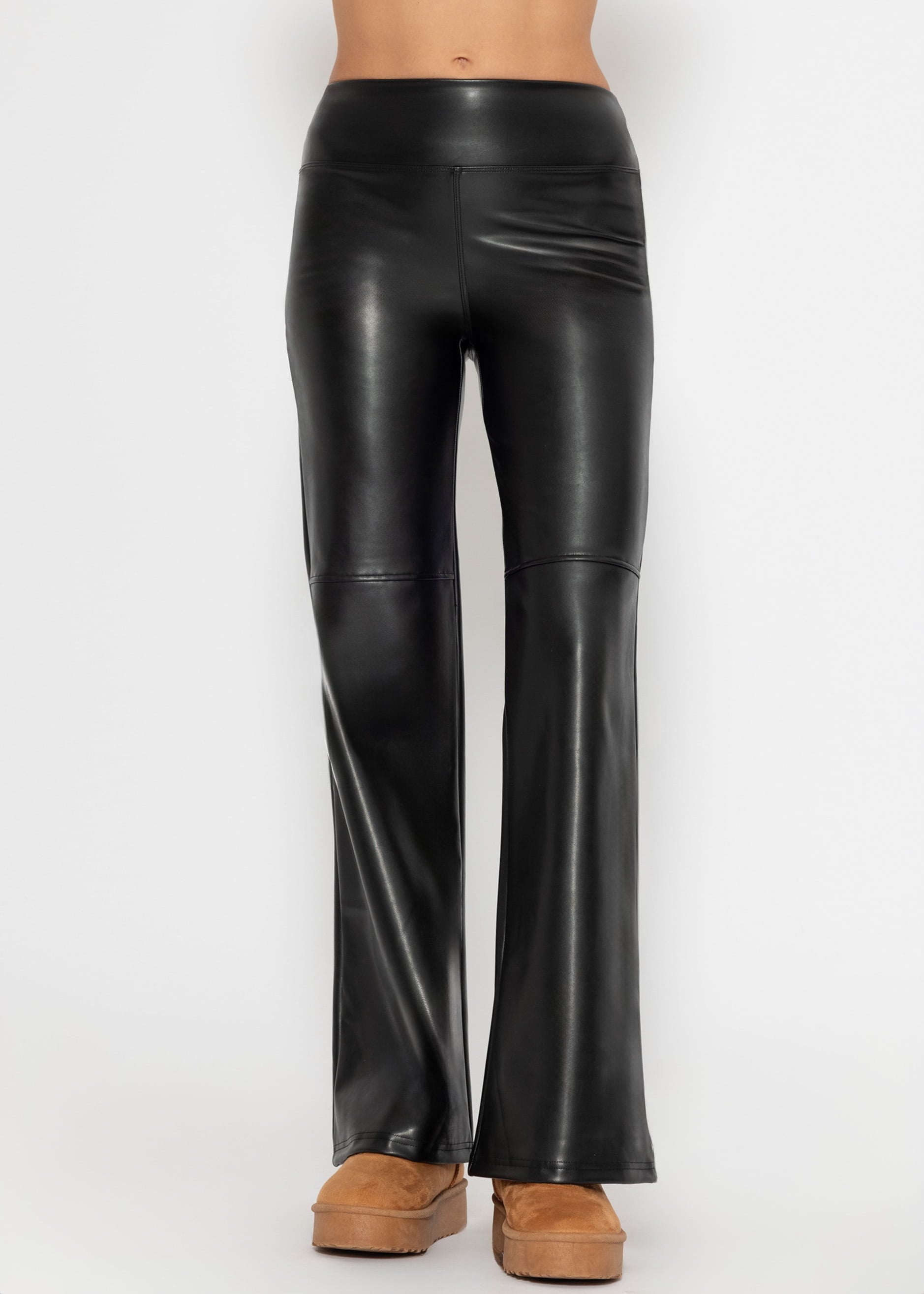 SASSYCLASSY Lederhose »High-Rise Flared Thermo Kunstleder Leggings mit breitem Bund«  Kunstleder-Leggings Schwarz mit ausgestelltem Bein und breitem Bund