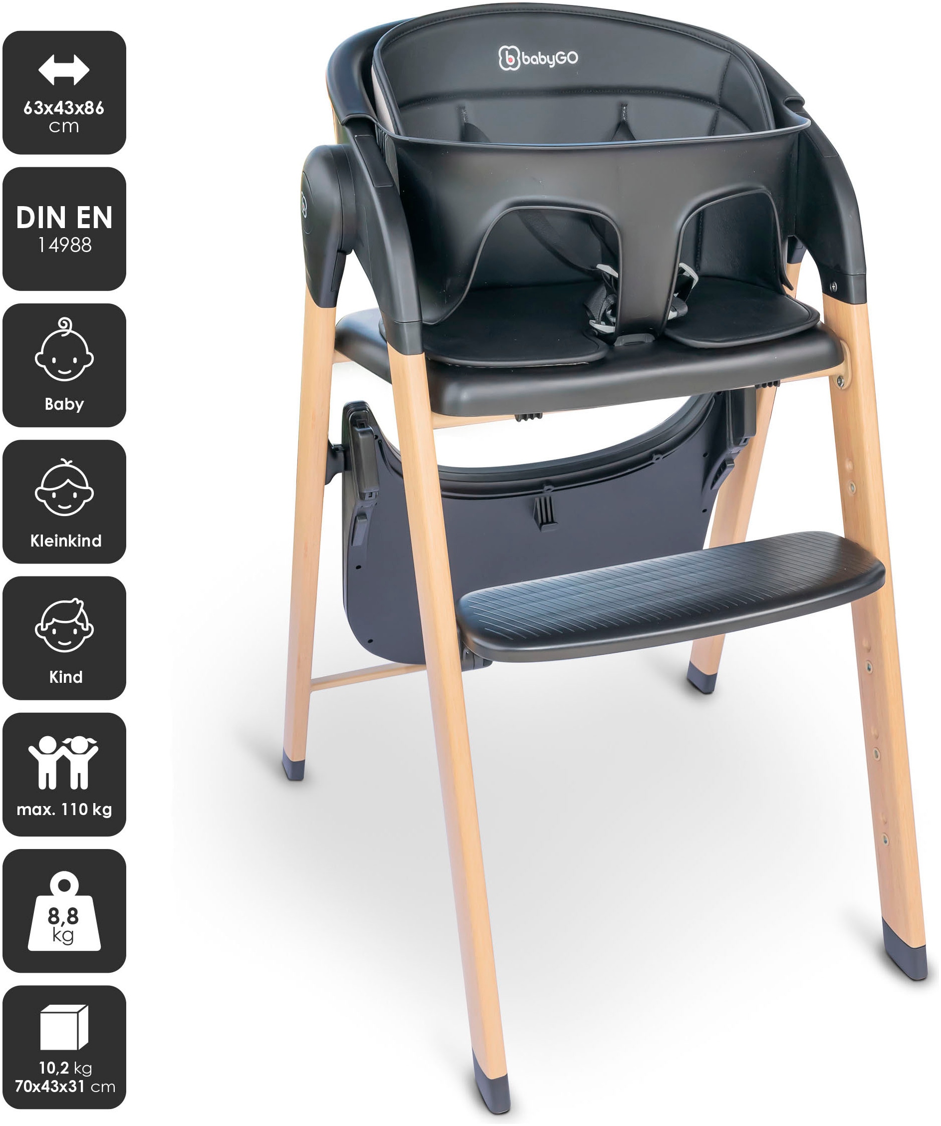 BabyGo Hochstuhl »Levels, black wood optic« () platzsparend zusammenklappbar