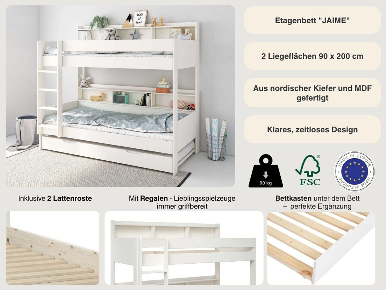 OTTO home Etagenbett »JAIME, TOPSELLER! Stockbett, mit Regalen, Schublade optional« ca. 186x115x204 Höhe/Breite/Länge,  FSC® zertifiziertes Massivholz, viel Stauraum und Abstellfläche