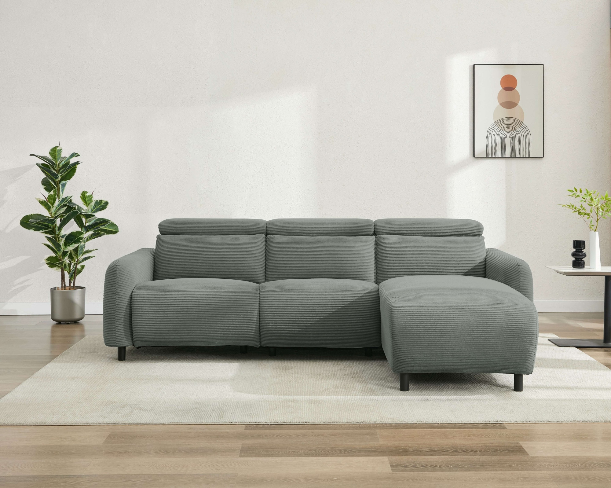 Home affaire Ecksofa »SKAANE in Cord, L-Form, 274 cm, manuelle u. elektrische Funktion,«, rundes Design, Kopfteilverstellung, Federkernpolsterung