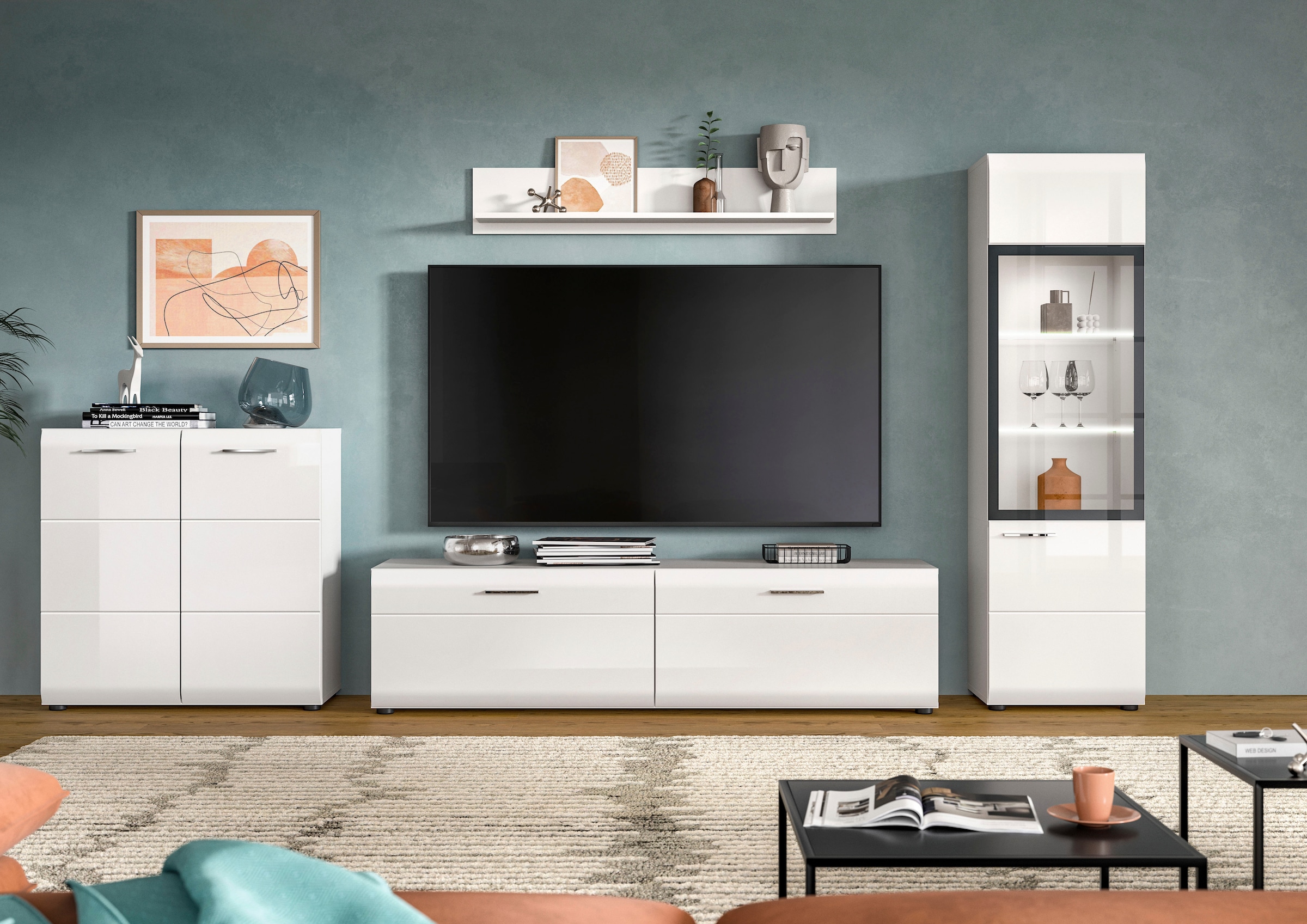 INOSIGN Wohnwand »FLORENZ, 4-teilige Wohn-Kombination, hochwertige MDF-Front« Set, Set, best. aus: 1 Kommode, 1 Lowboard, 1 Vitrine, 1 Wandboard, 4 Stk. tlg.