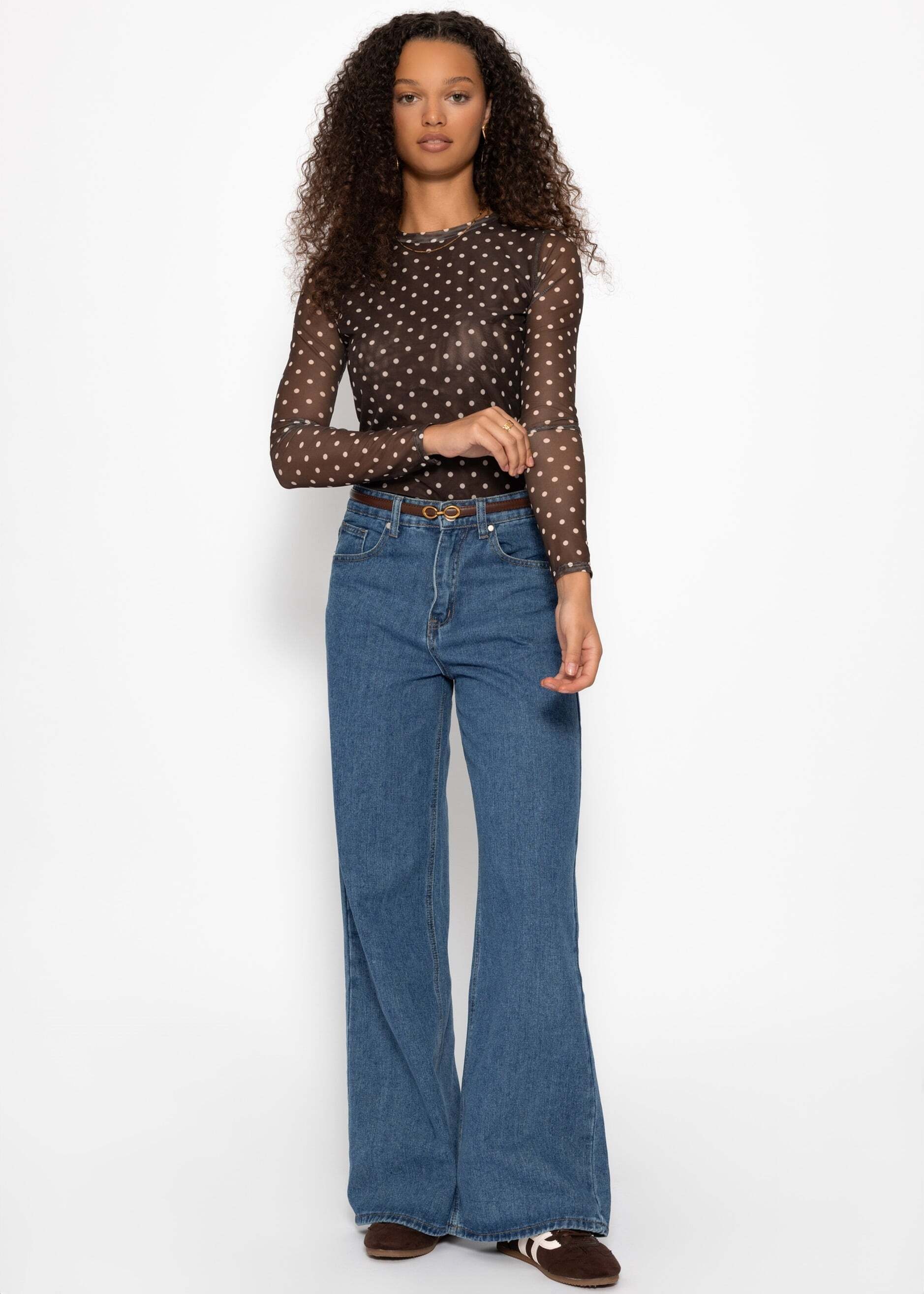 SASSYCLASSY Langarmshirt »Mesh Langarmshirt mit Punkten« Anliegendes Shirt aus Mesh mit gefütterter Vorderseite Beige Schwarz