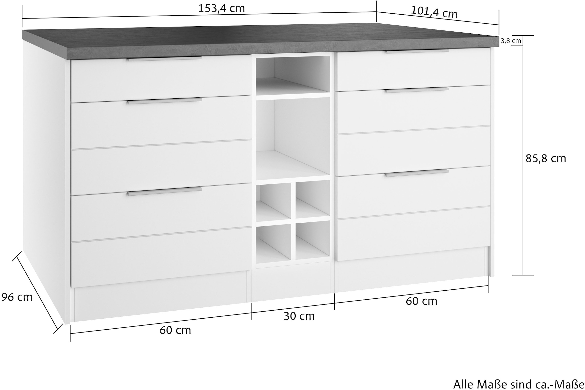 KOCHSTATION Kücheninsel »KS-Luhe, Breite 153 cm, mit Flaschenregal«, MDF-Fronten, Arbeitsplatte 38mm stark