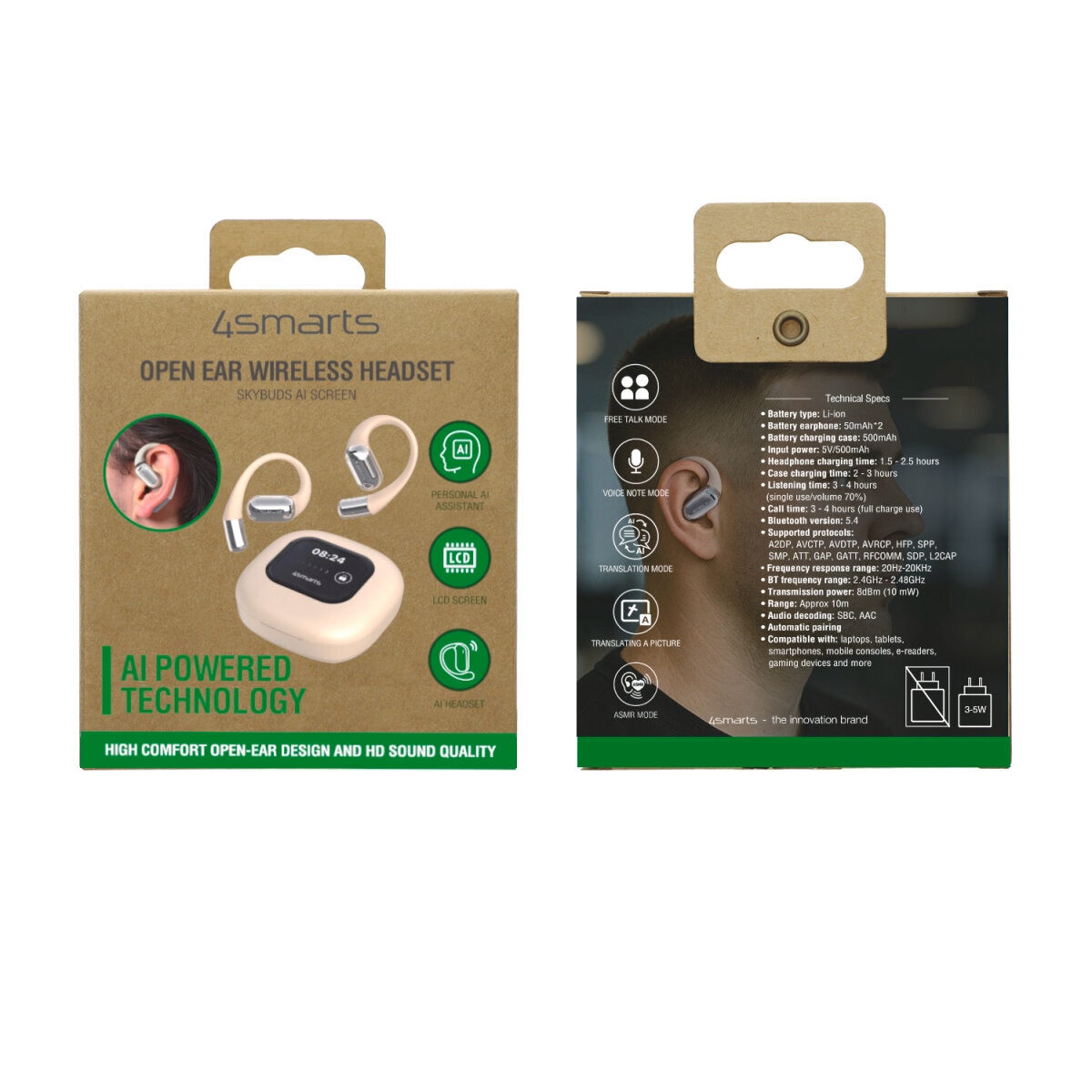 4smarts wireless Kopfhörer »Open-Ear Bluetooth Kopfhörer SkyBuds AI Screen«, A2DP Bluetooth-AVRCP Bluetooth-HFP, Freisprechfunktion