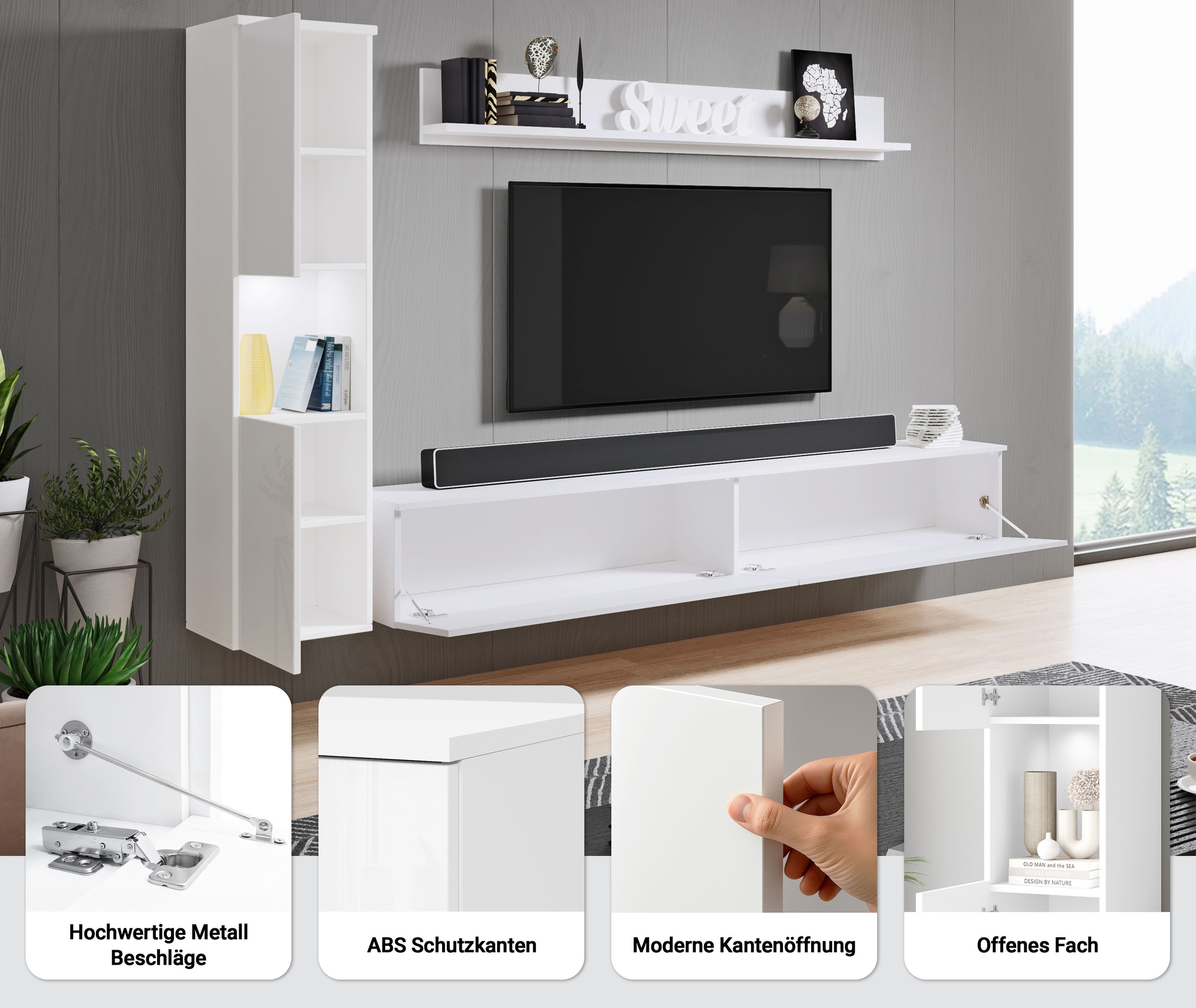 INOSIGN Wohnwand »PARIS, Vitrine Türanschlag links/rechts wechselbar« Komplett-Set, 3 Stk. tlg. grifflose Design, stehend und hängend montierbar