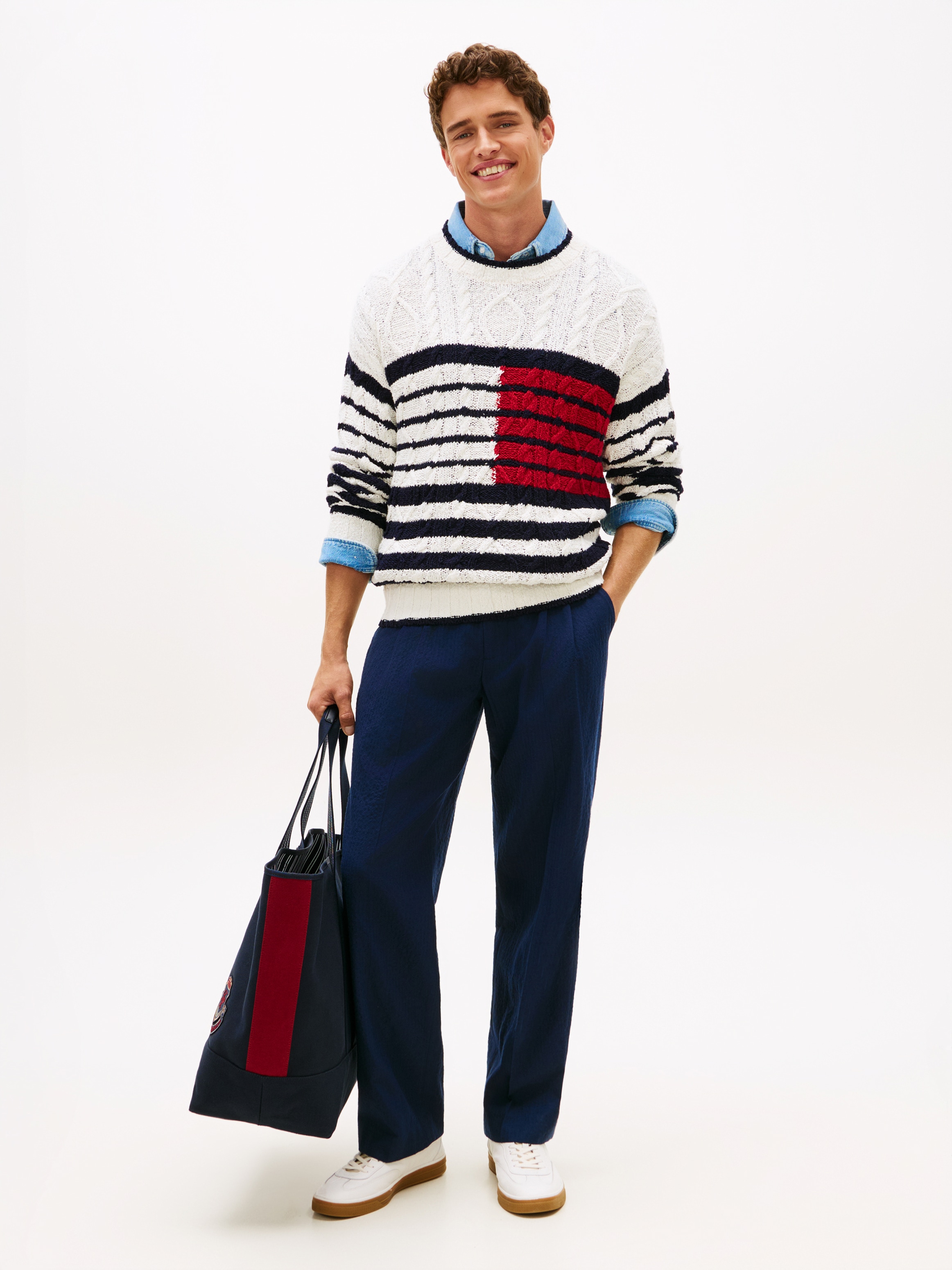Tommy Hilfiger Strickpullover »BRETON FLAG CABLE« Regular fit mit Rundhalsausschnitt