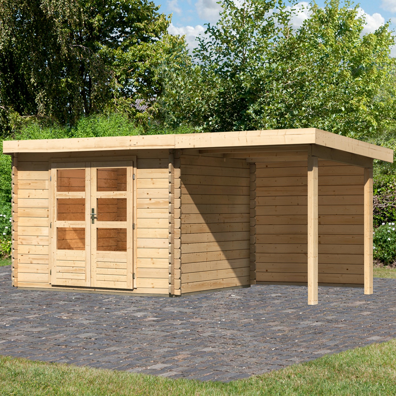 KONIFERA Gartenhaus »Schloßsee 3«, (Set), mit Anbaudach und Rückwand