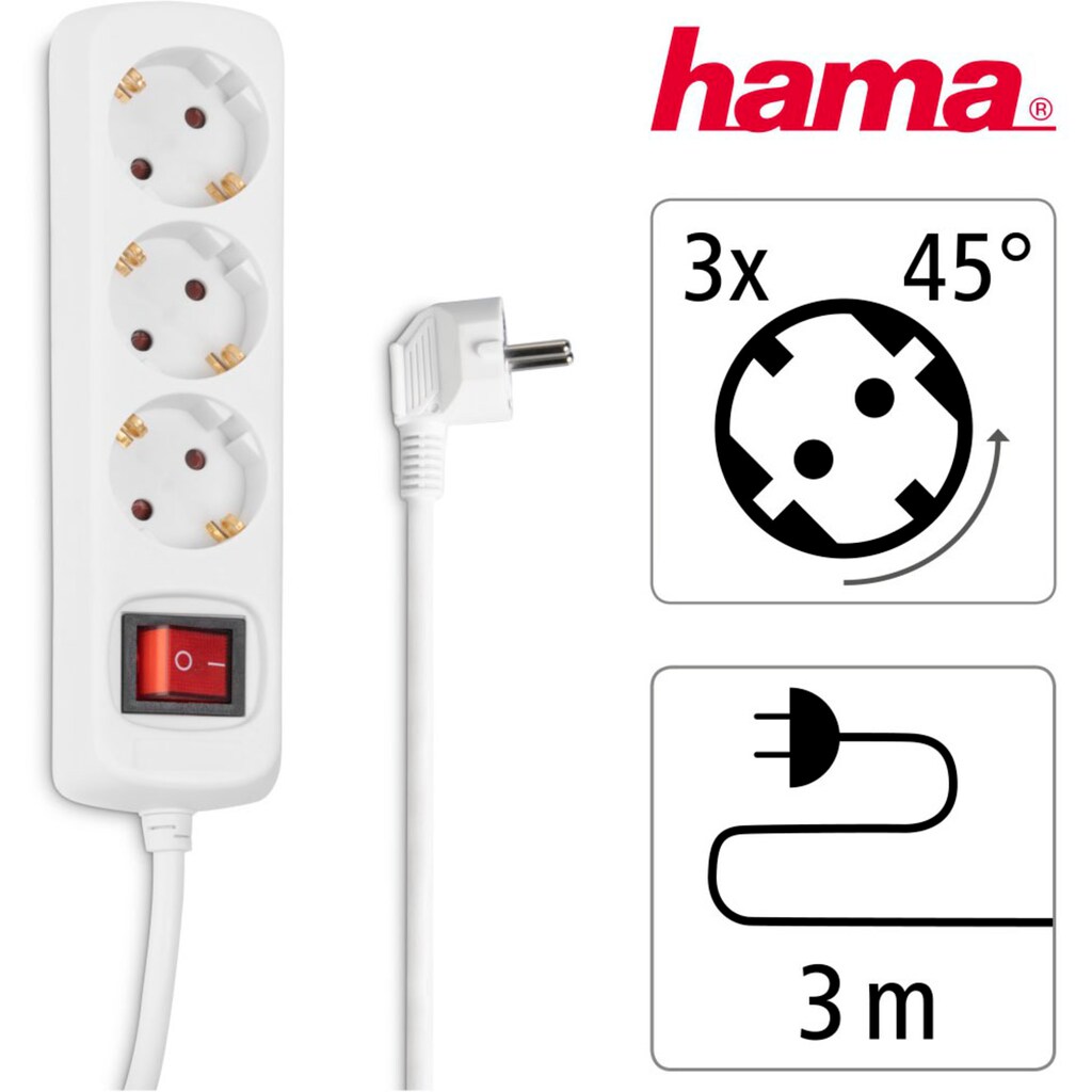Hama Steckdosenleiste »Mehrfachsteckdose, 3-fach, Steckerleiste mit Schalter, 3 m Kabel, weiß«, 3-fach, (Kabellänge 3 m)