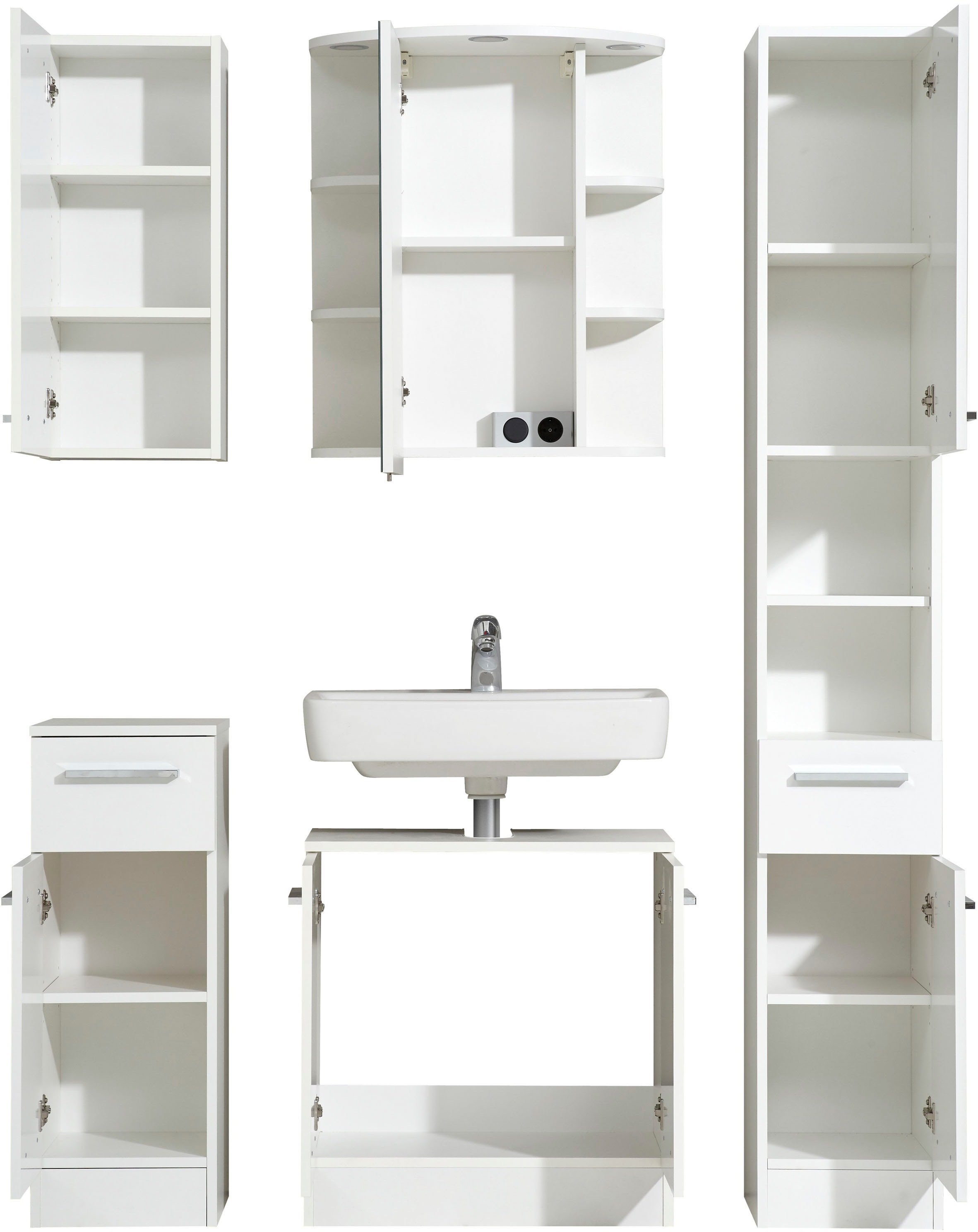 Saphir Badmöbel-Set »Quickset 335 5-teilig, Waschbeckenunterschrank mit LED-Spiegelschrank«, (5 St.), Hochschrank, Unterschrank, Hängeschrank, inkl. Türdämpfer, 7 Türen