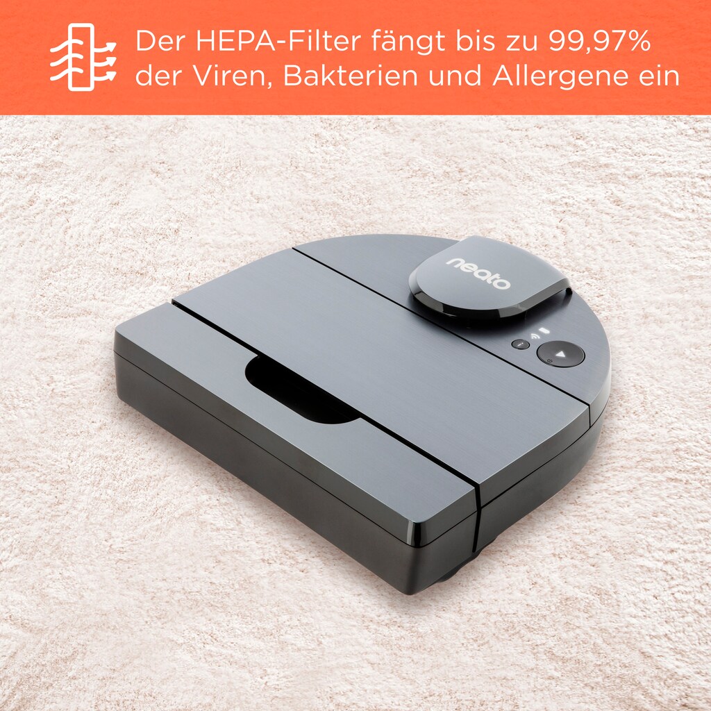 Neato Saugroboter »D10«, 300min Akkulaufzeit, bis zu 250m² pro Aufladung, echter HEPA Filter (99,97%), D-Shape, LIDAR Laser-Navigation, WLAN, App Steuerung für iOS und Android
