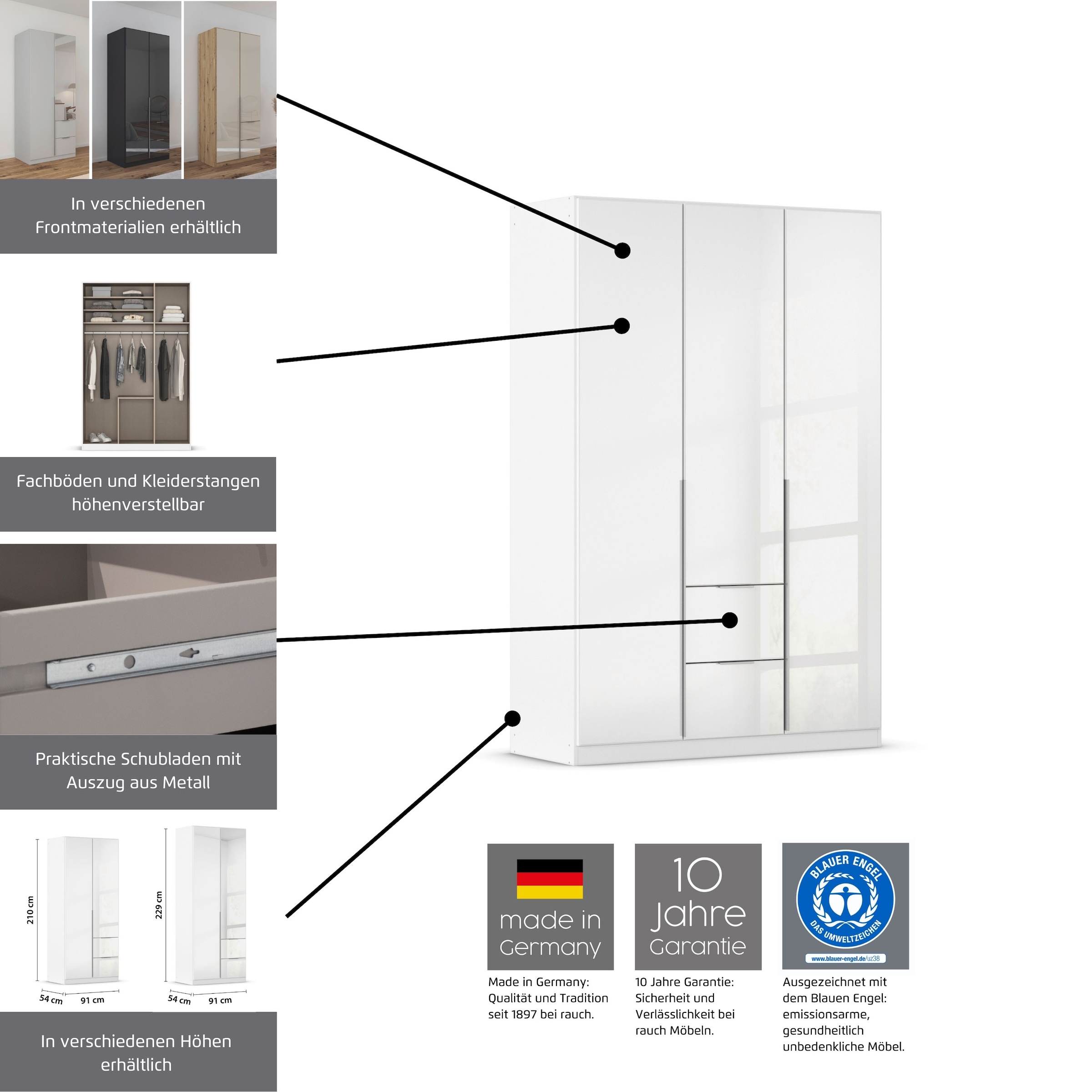 rauch Drehtürenschrank »Kleiderschrank Kleiderschränke Schrank Garderobe AGORDO mit Glasfront« in zwei Griff-Farben, Breiten 91-360 cm,  mit Außenschubkästen, in 7 Breiten und 2 Höhen MADE IN GERMANY