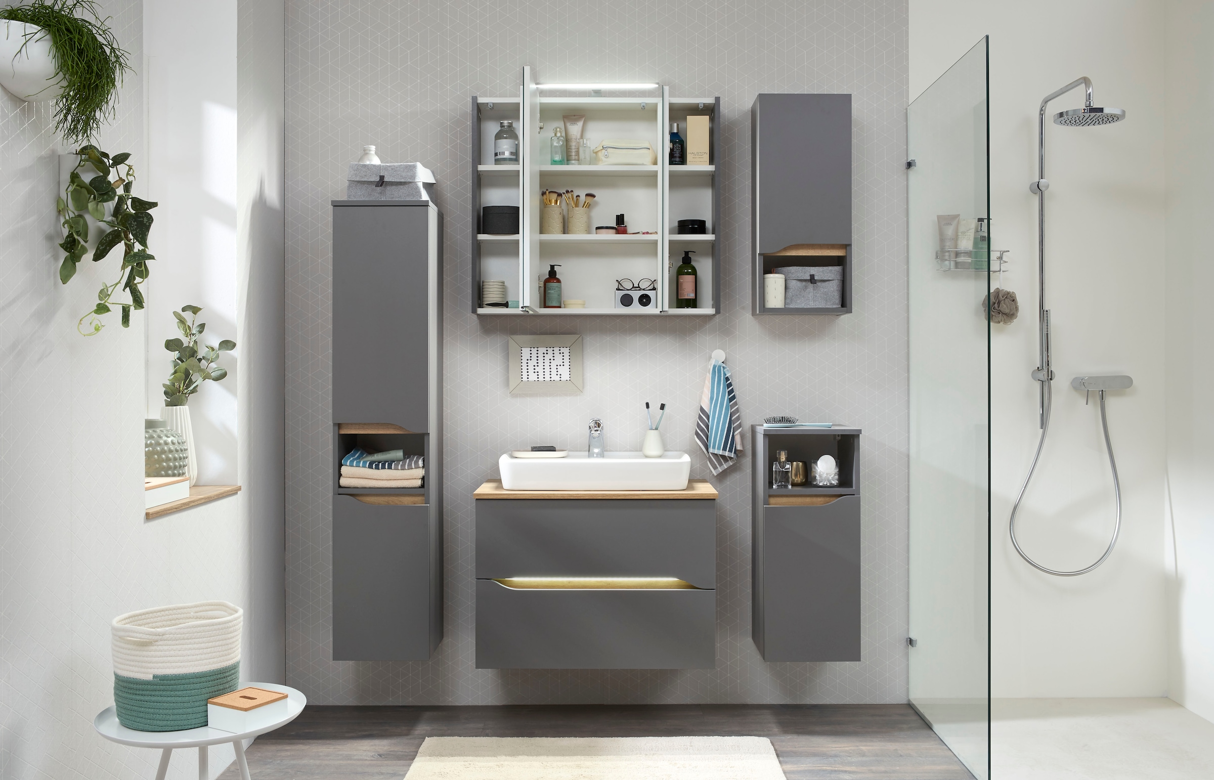 Saphir Badmöbel-Set »Quickset 5-teilig, Keramik-Aufsatzbecken und LED-Spiegelschrank« 8 Stk. tlg.