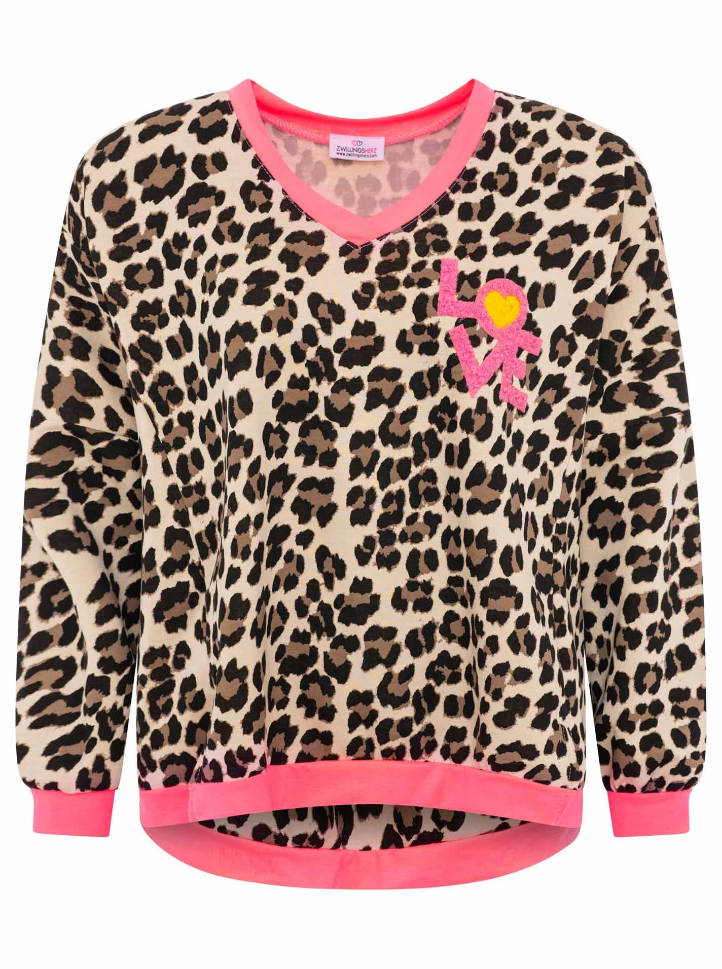 Zwillingsherz Sweatshirt »"Neon Leo"«, V-Neck, auffälliges Leopardenmuster, Bündchen Neonfarben, LOVE Print
