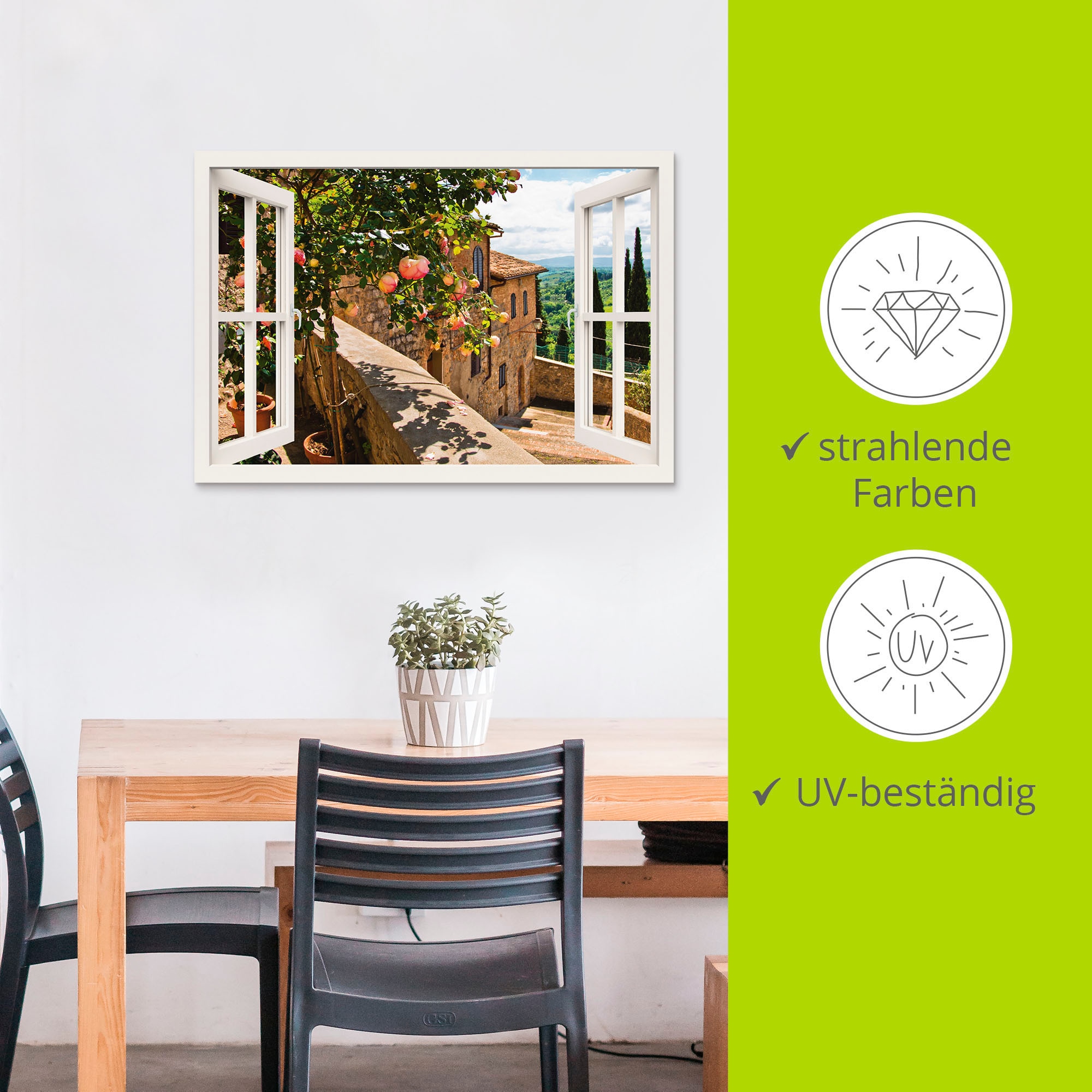 Artland Wandbild »Fensterblick Rosen auf Balkon Toskana«, Garten, (1 St.), als Alubild, Outdoorbild, Leinwandbild, Poster, Wandaufkleber
