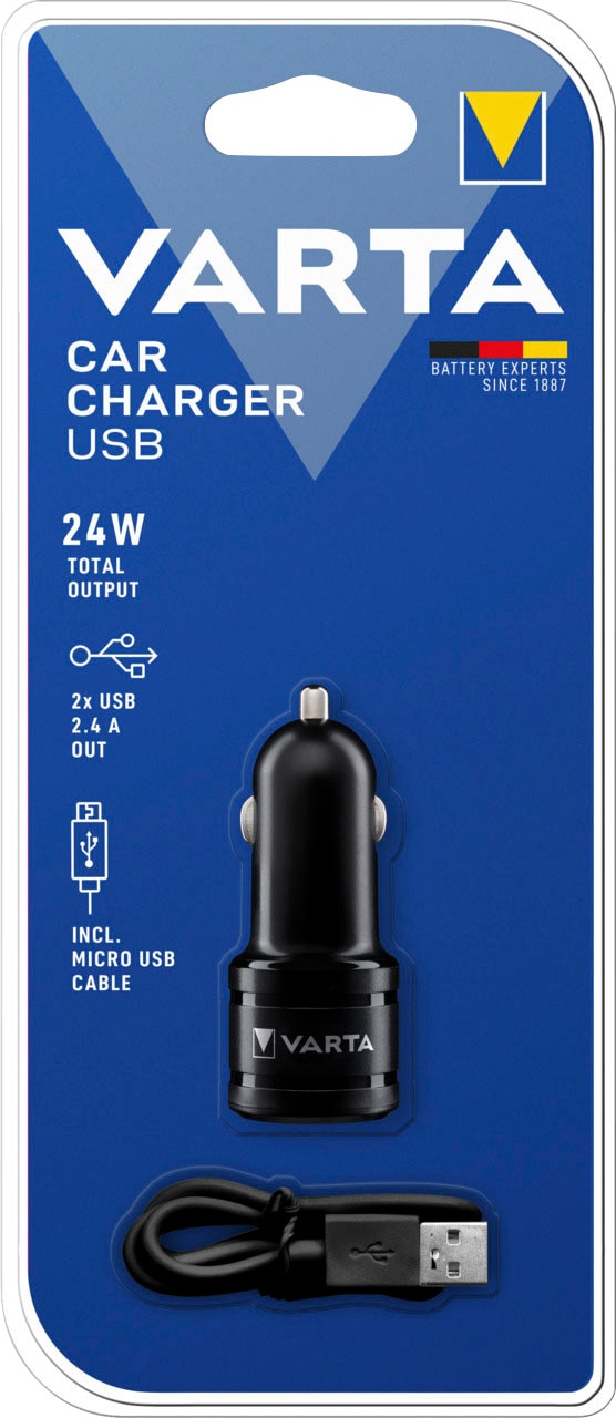 VARTA Batterie-Ladegerät »Car Charger 2 USB Ports«, lädt 2 Geräte blaue LED Ladeanzeige mit Lade- und Datenkabel