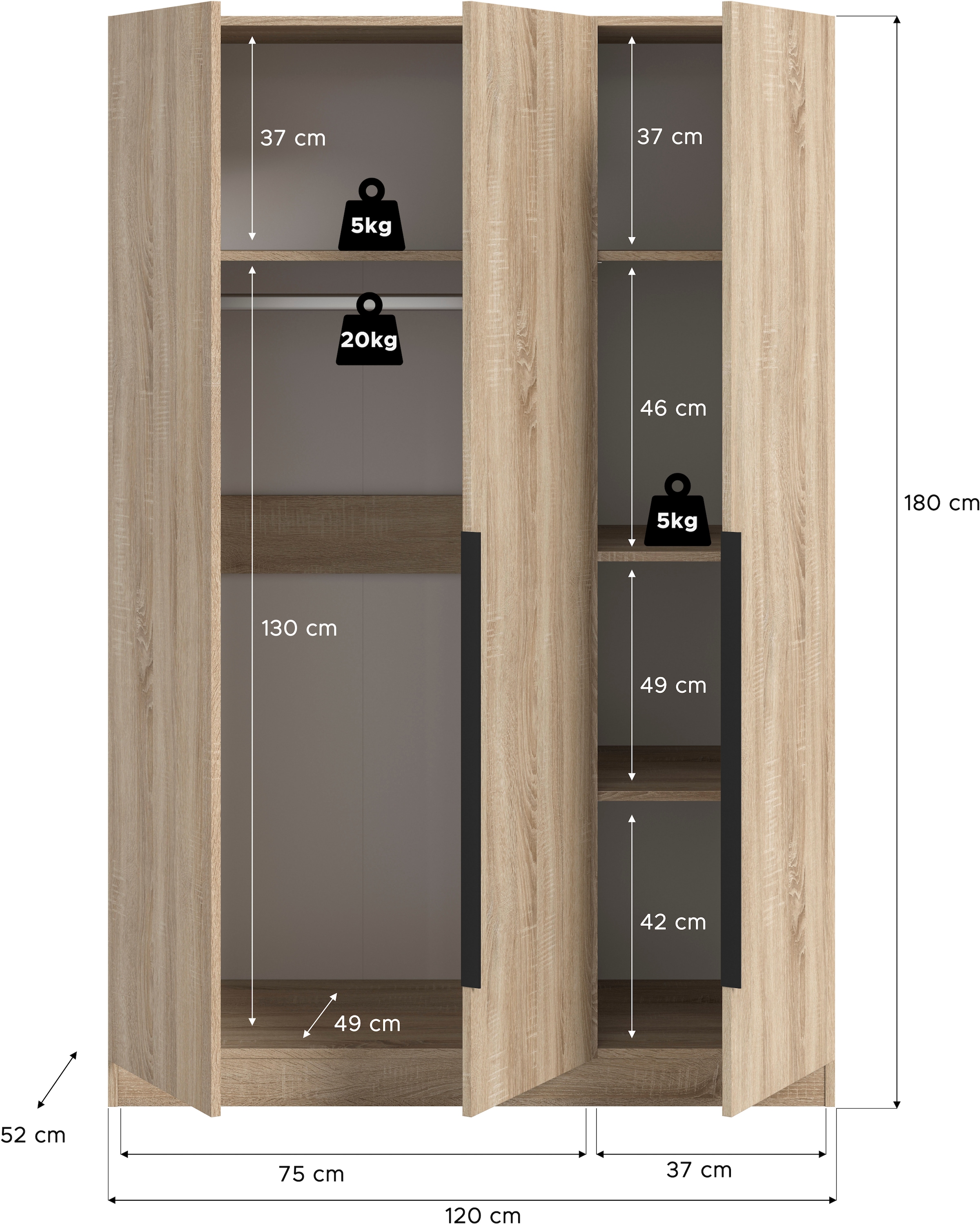 Home affaire Kleiderschrank »Skarde Schlafzimmerschrank, Garderobe, Schrank, Bestseller«, (Otto Bestseller Garderobe Schlafzimmerschrank), Breite: 120 cm, eichefarben Kleiderstange und 4 Einlegeböden