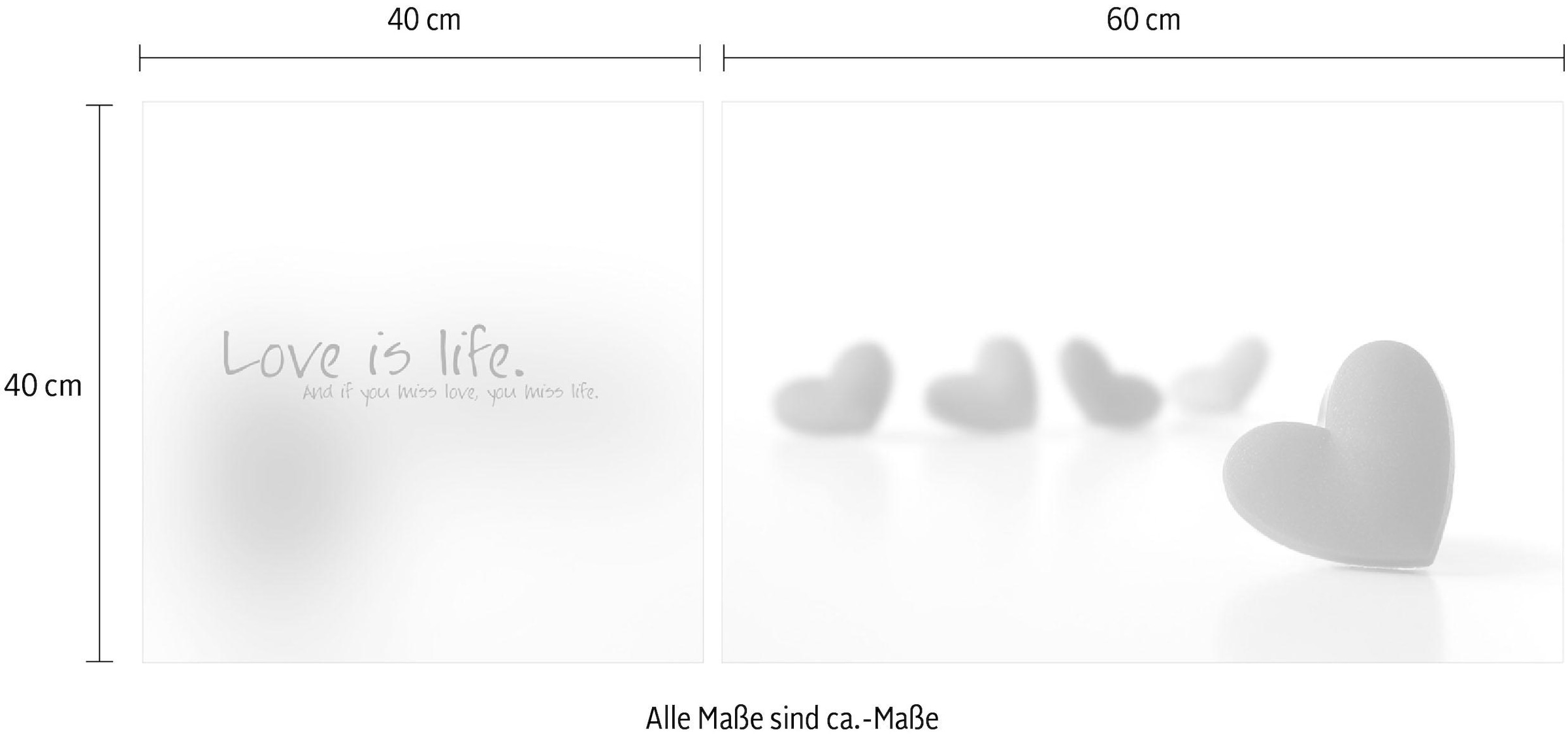 queence Leinwandbild »Love is Life«, Herz-Herzbilder-Kunst-Modern-Spa-Spa Bilder-Sprüche-Sprüche & Texte-Schriftzug-Schriftzüge, (Set), Premium-Leinwandstoff, Handarbeit aus Deutschland, Spruch, 2er Set