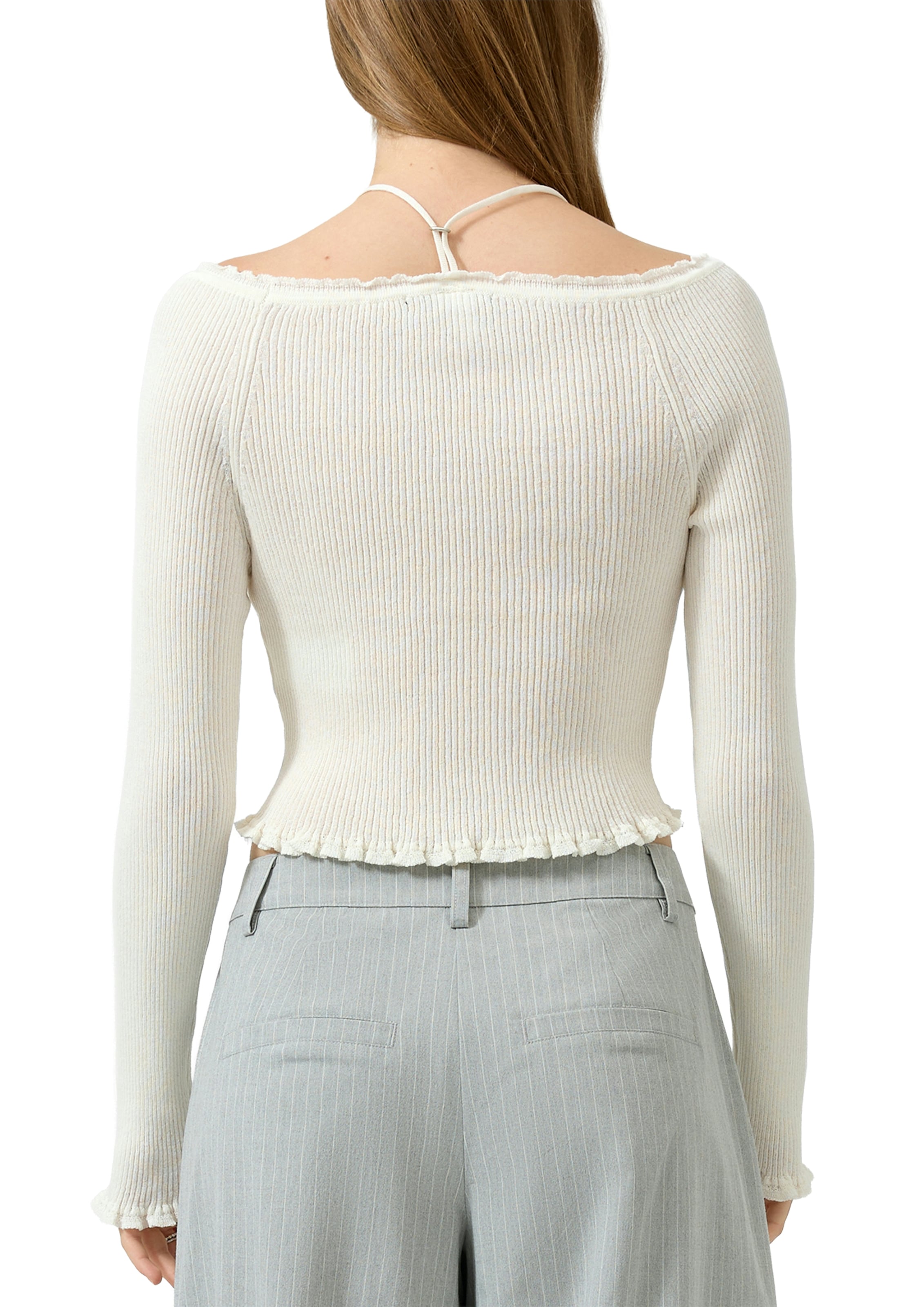 QS Strickpullover im Ripp-Look und mit U-Boot-Ausschnitt und Bändern