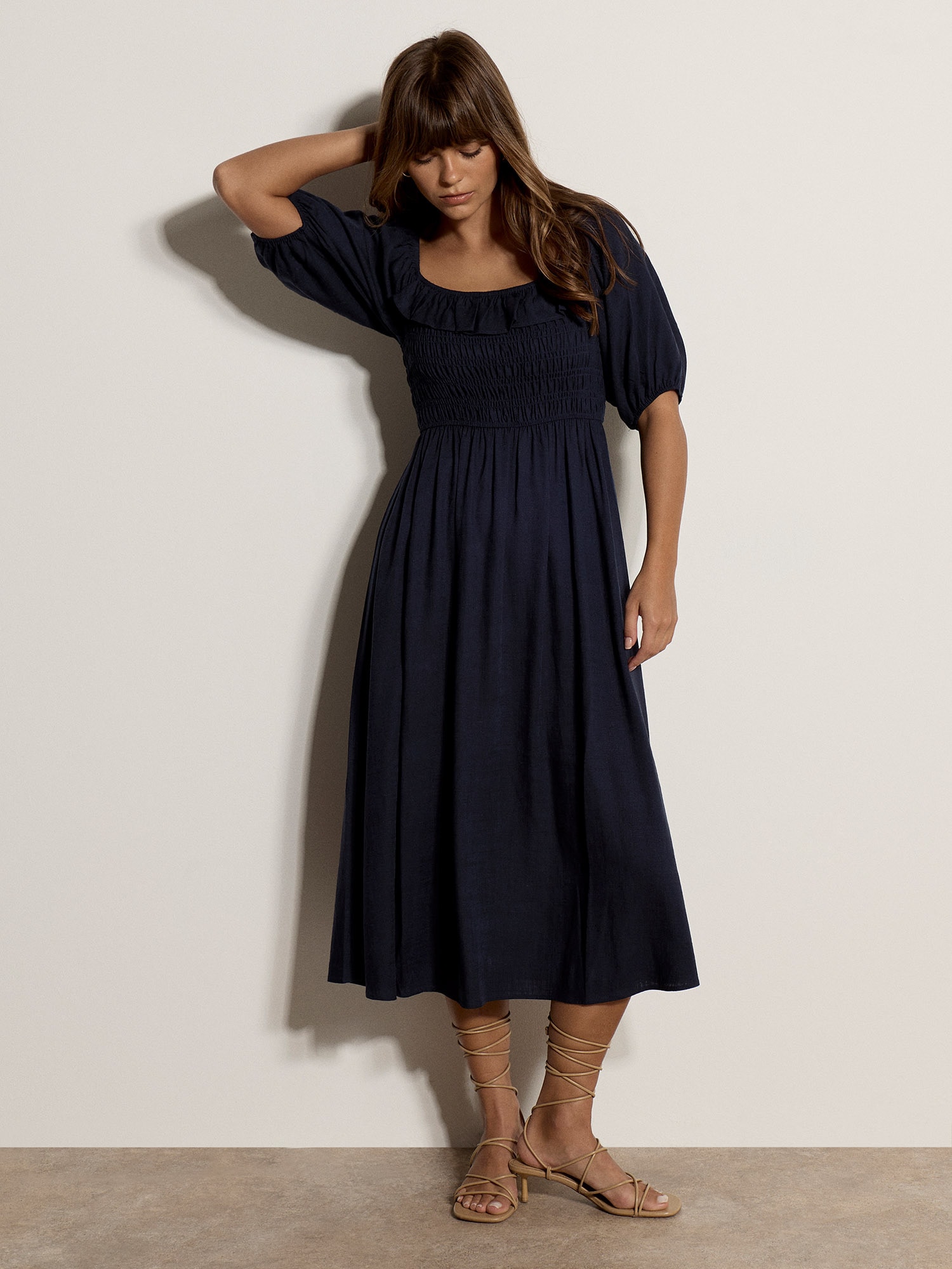 Apricot Maxikleid »Langes Kleid mit Bardot-Ausschnitt« mit Raffungen