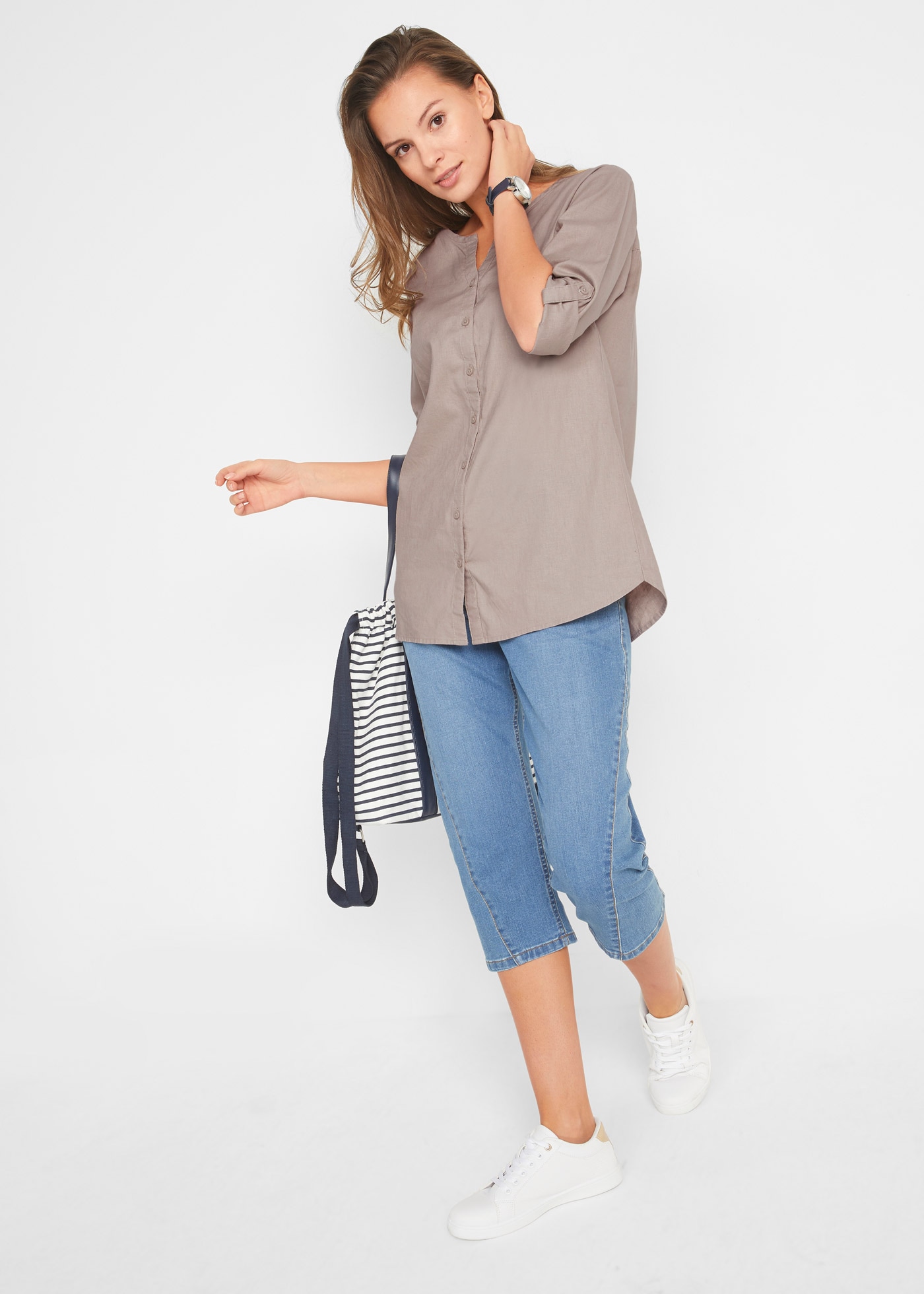 bonprix Langarmbluse »Bluse mit Leinen, 3/4 Arm« Regular Fit, für den Alltag, aus Leinen und Baumwolle