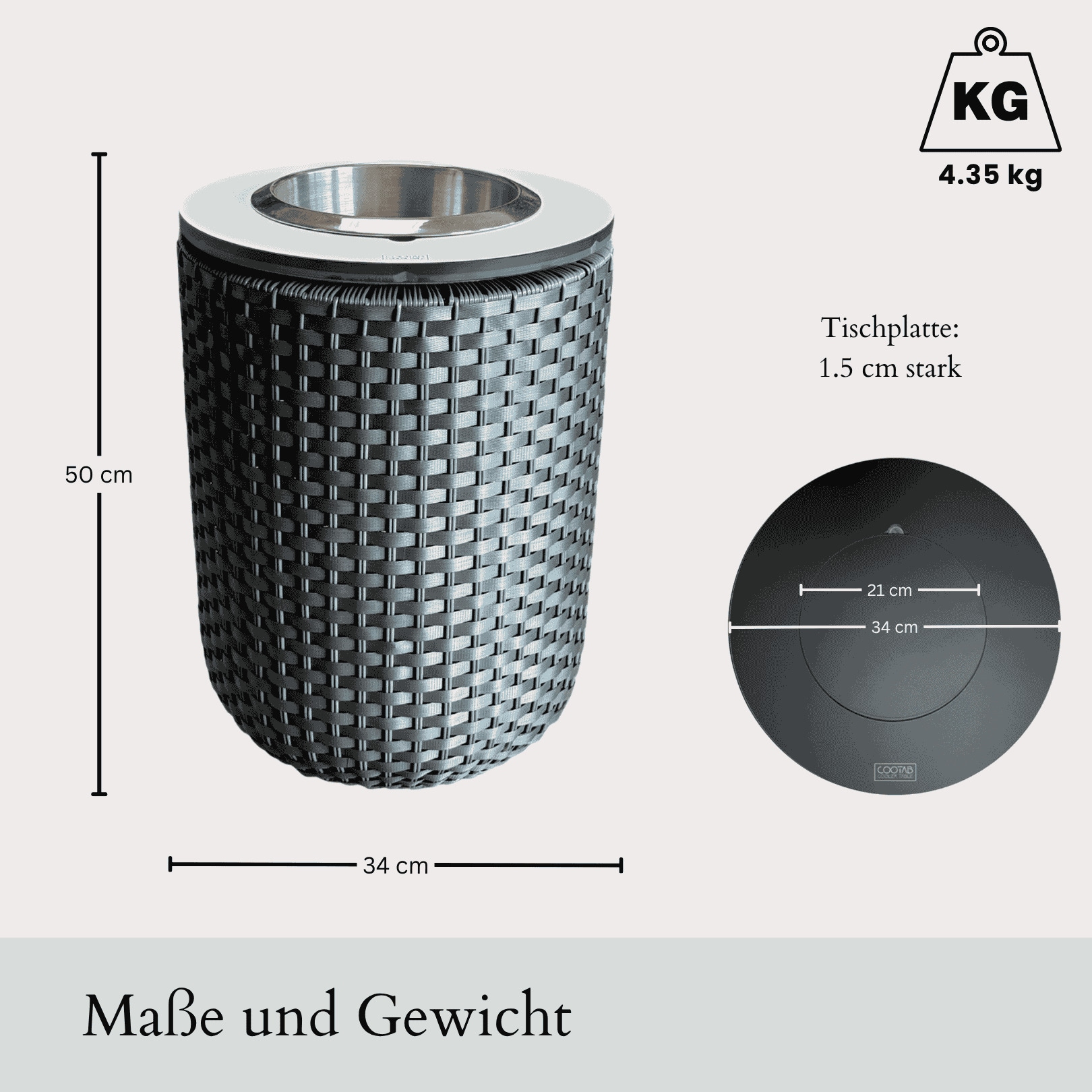 COOTAB Cooler Table Beistelltisch »4-in-1 Loungetisch mit Edelstahl-Kühler London 50 cm« 1 Stk. tlg. Wetterfest, Pflegeleicht, Hitzebeständig, Verstellbare Füße