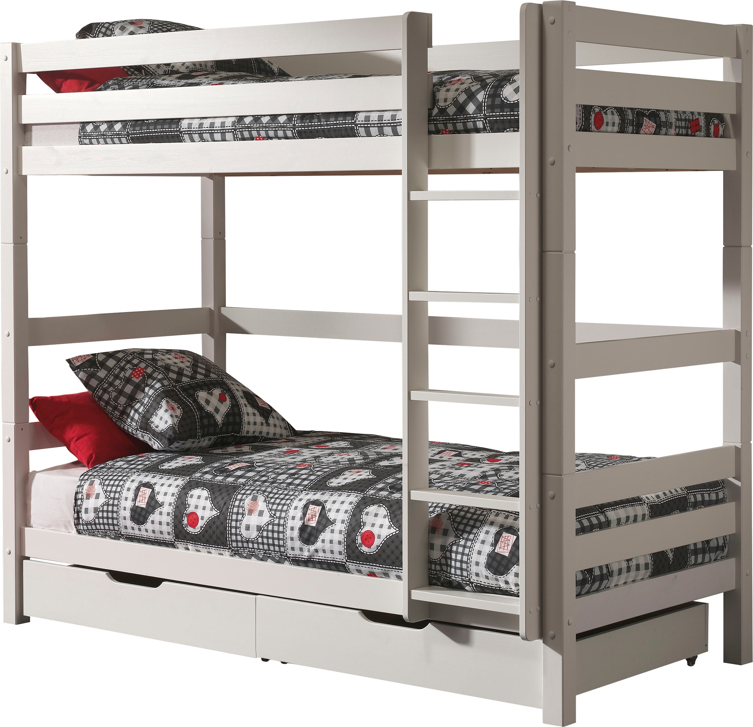 Vipack Etagenbett »Pino, inkl. Rolllattenrost, Leiter und Absturzschutz«, (B/H/T ca. 210x182x105cm, massiv Kiefer verschiedene Farben), wahlweise ohne Schublade, mit 1 großen, 2 kleinen Bettschubladen