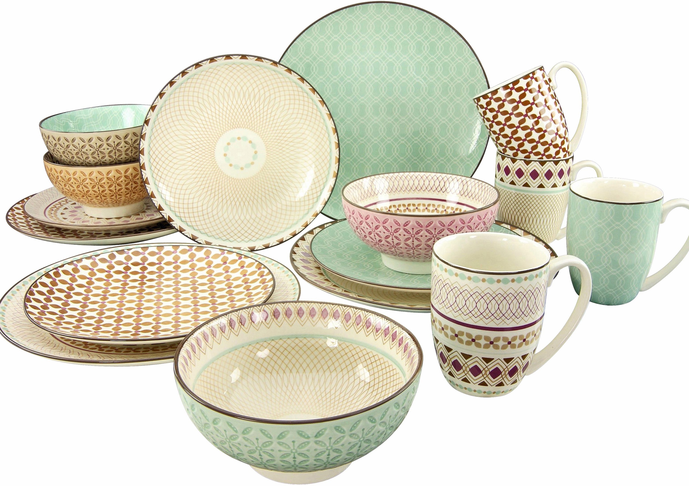 CreaTable Kombiservice »Geschirr-Set Mandala«, (Set, 16 tlg., Kaffeeservice und Tafelservice im Set, für 4 Personen), Service, 4 Designs, 16 Teile, für 4 Personen