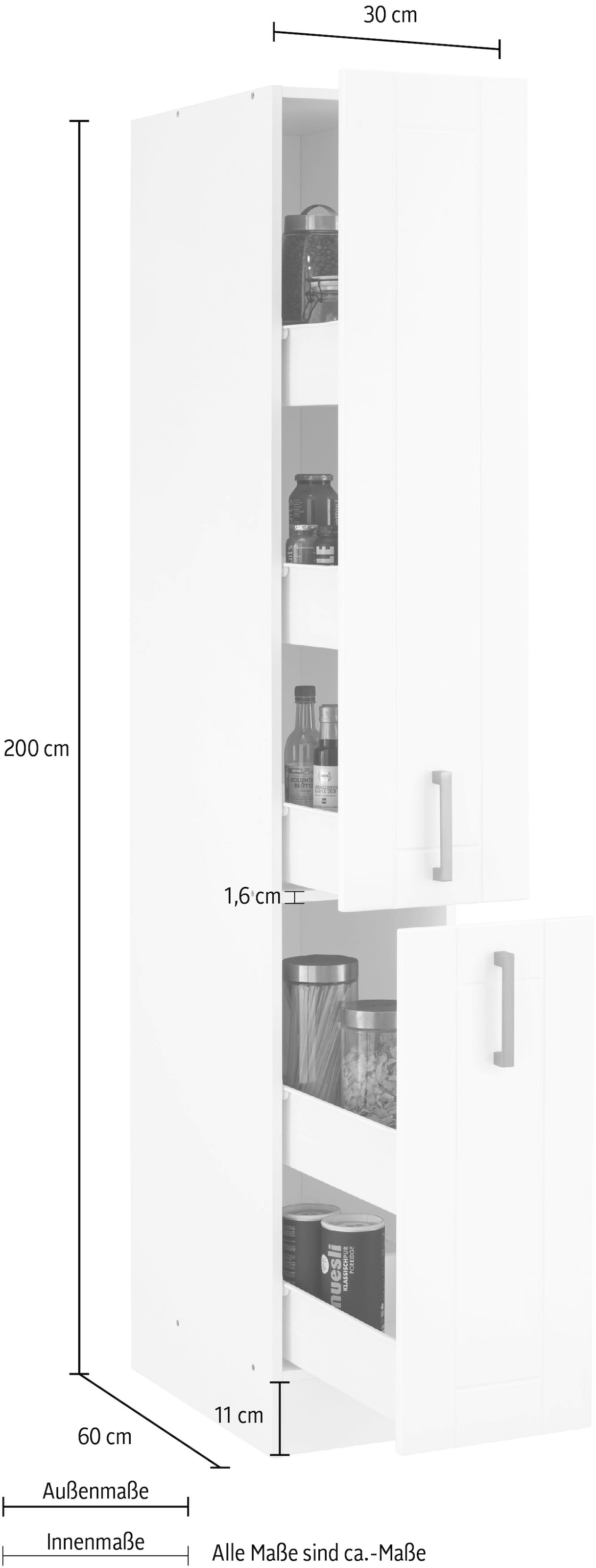 KOCHSTATION Apothekerschrank »KS-Tinnum«, 30 cm breit, 200 cm hoch, Metallgriffe, MDF Fronten, Auszüge