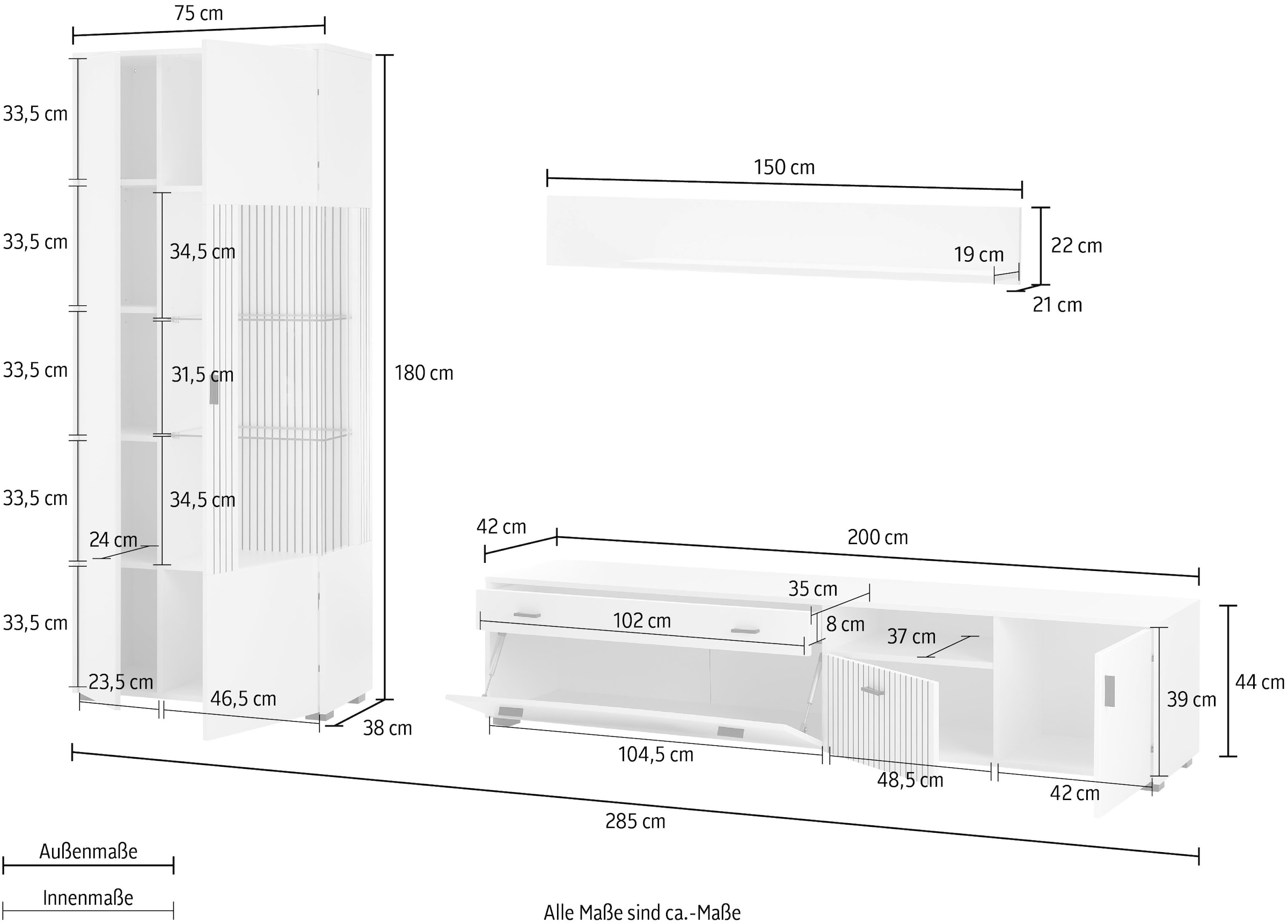 INOSIGN Wohnwand »HUDSON«, (Set, 3 St.), mit moderner Rillenoptik, Griffe aus Metall (Schwarz), Breite 285 cm