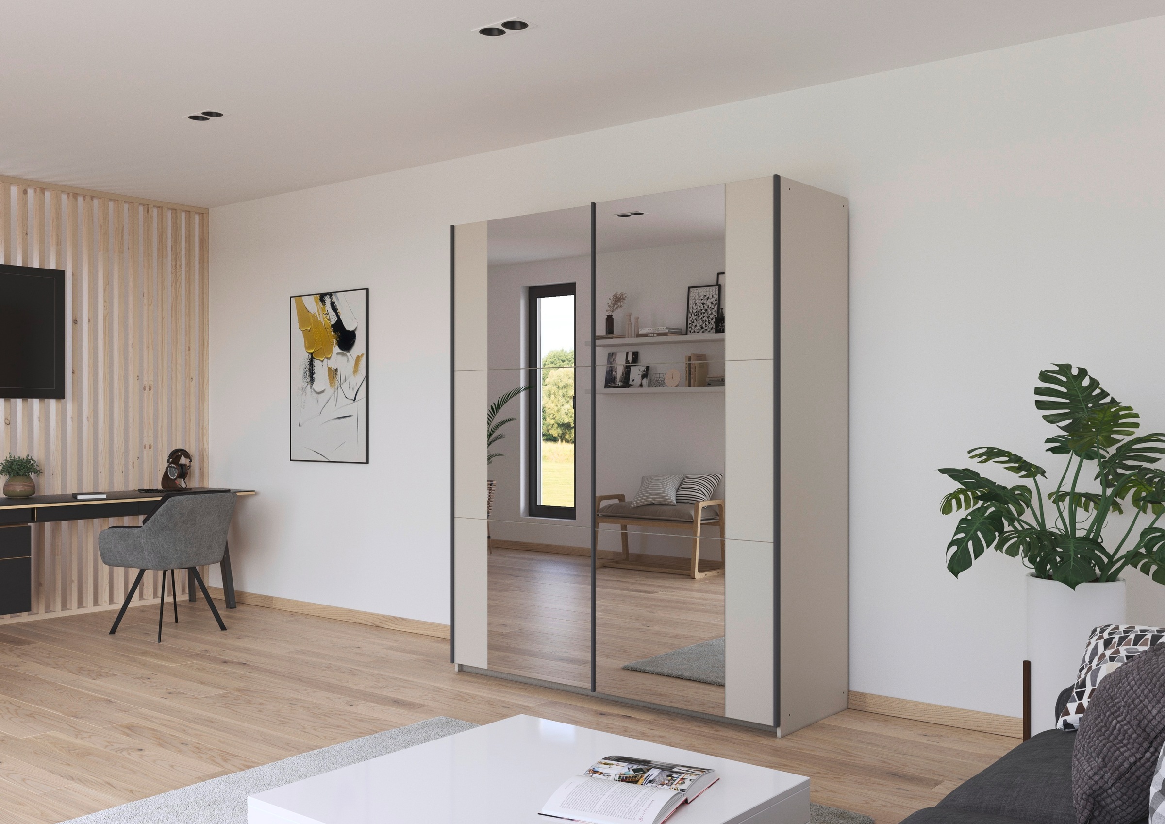 rauch Schwebetürenschrank »Kleiderschrank Drehtürenschrank Schrank Garderobe KRONACH« in 3 Ausstattungen BASIC/CLASSIC/PREMIUM, Breiten 131/175/218/261 cm,  optional ohne, mit 1 oder 2 Spiegel, viel Stauraum MADE IN GERMANY
