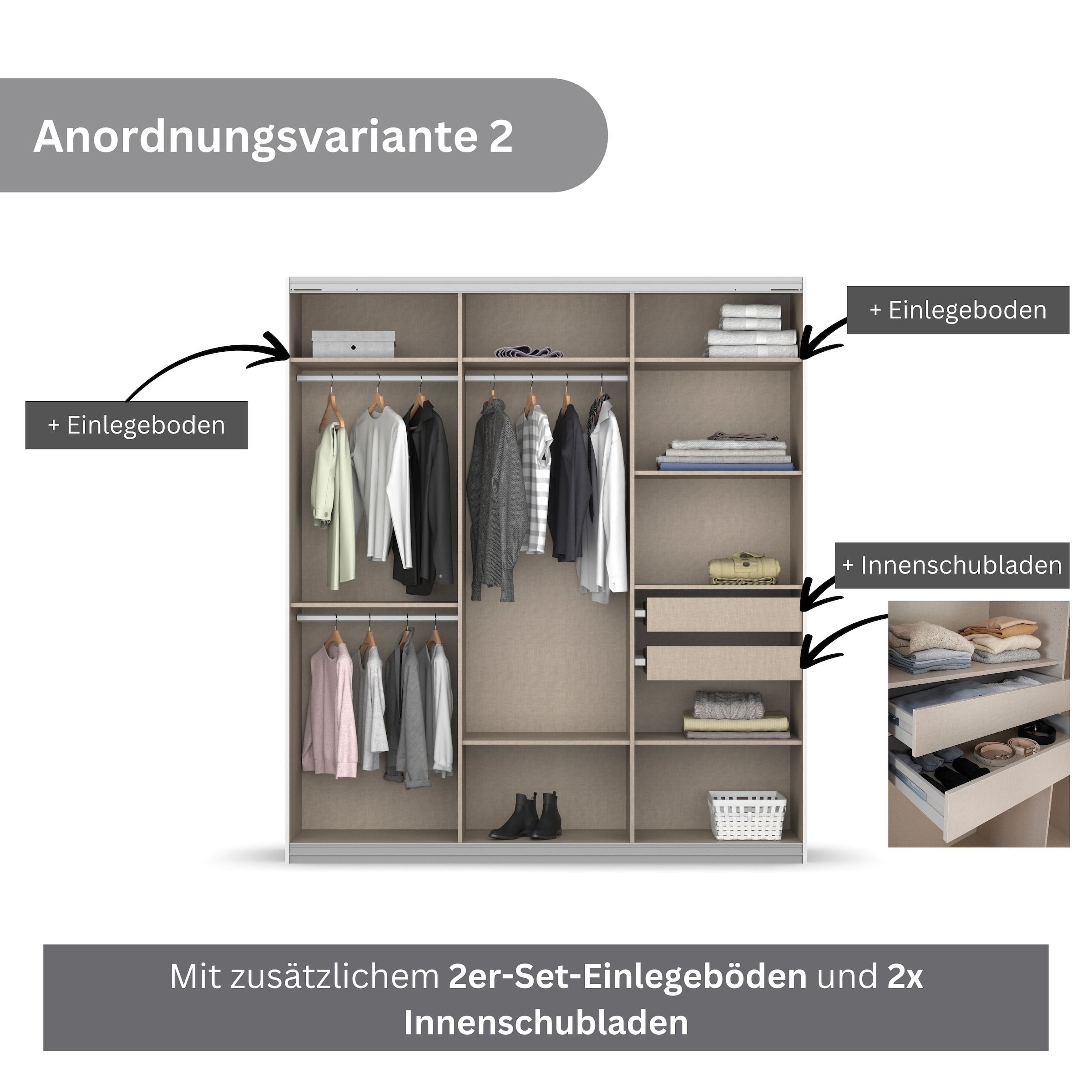 rauch Schwebetürenschrank »Kleiderschrank Schrank Garderobe KOLUNA mit Glastüren und Spiegel«, inkl. 2 Innenschubladen sowie extra Einlegeböden MADE IN GERMANY