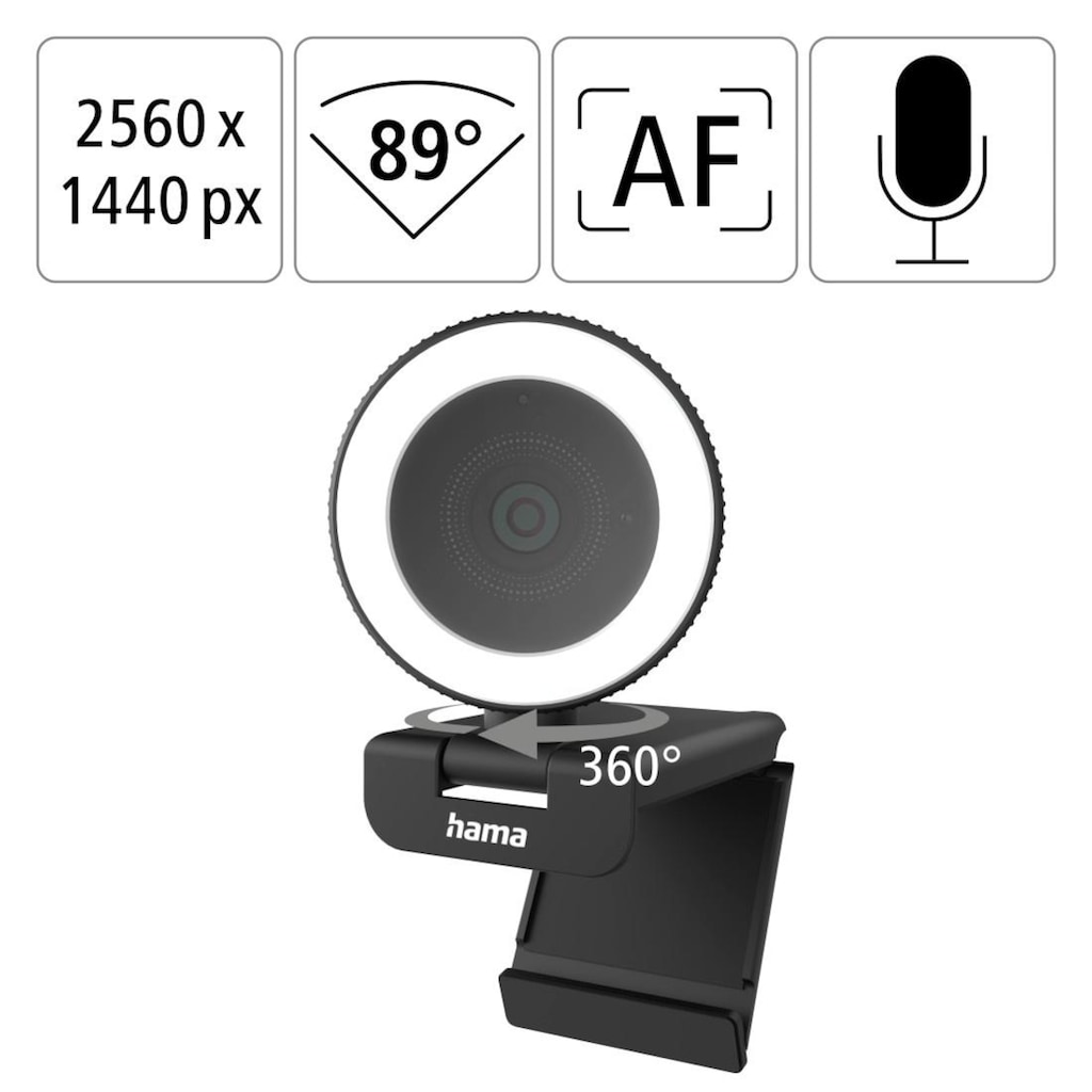 Hama Webcam »Webcam mit Mikrofon, QHD, Licht (PC-Kamera USB, 2560p, Fernbedienung)«, QHD