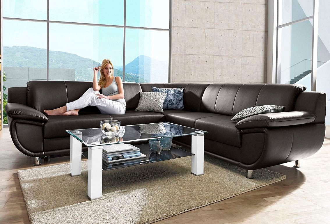 TRENDMANUFAKTUR Ecksofa »Rondo wahlweise mit Schlaffunktion, 267x247 cm (BxT), breite Armlehnen«, L-Form, wahlweise mit Federkern bestellbar, Füße chromfarben