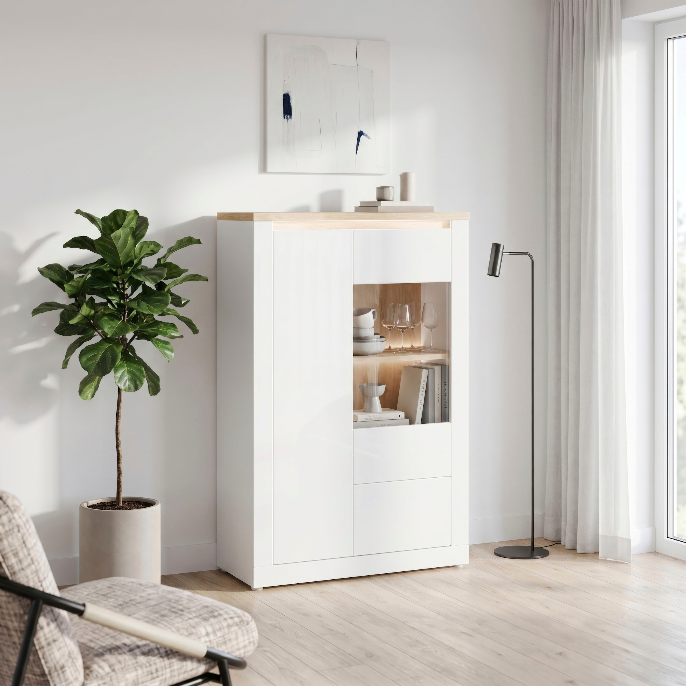 FORTE Highboard »Highboard 1T/1SK/1GT« B/H/T 96,4/147,4/41,6 cm, Front glänzend, Glas